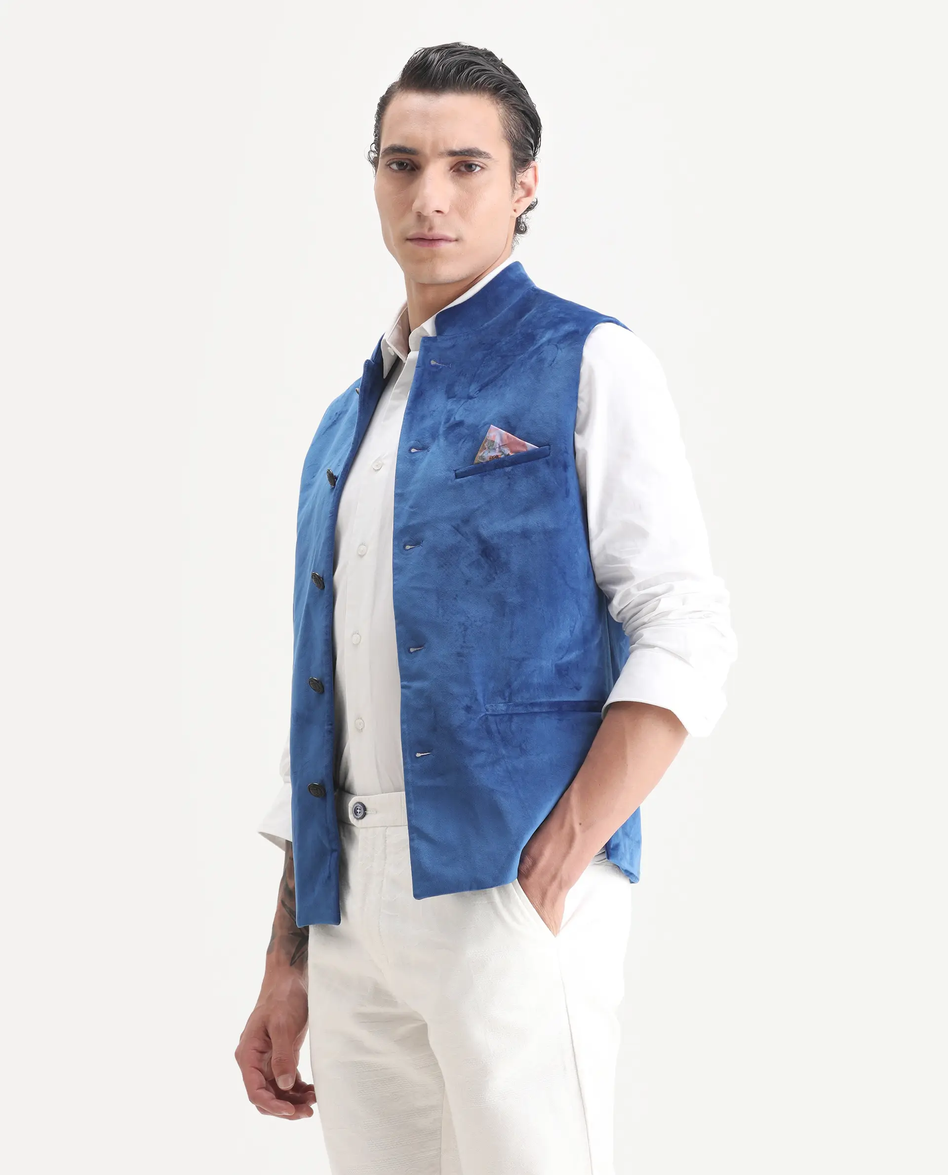 Rare Rabbit Men's Ziva Blue Velvet Plain Tailored Fit Sleeveless Mandarin Collar Bandhgala - Image 5