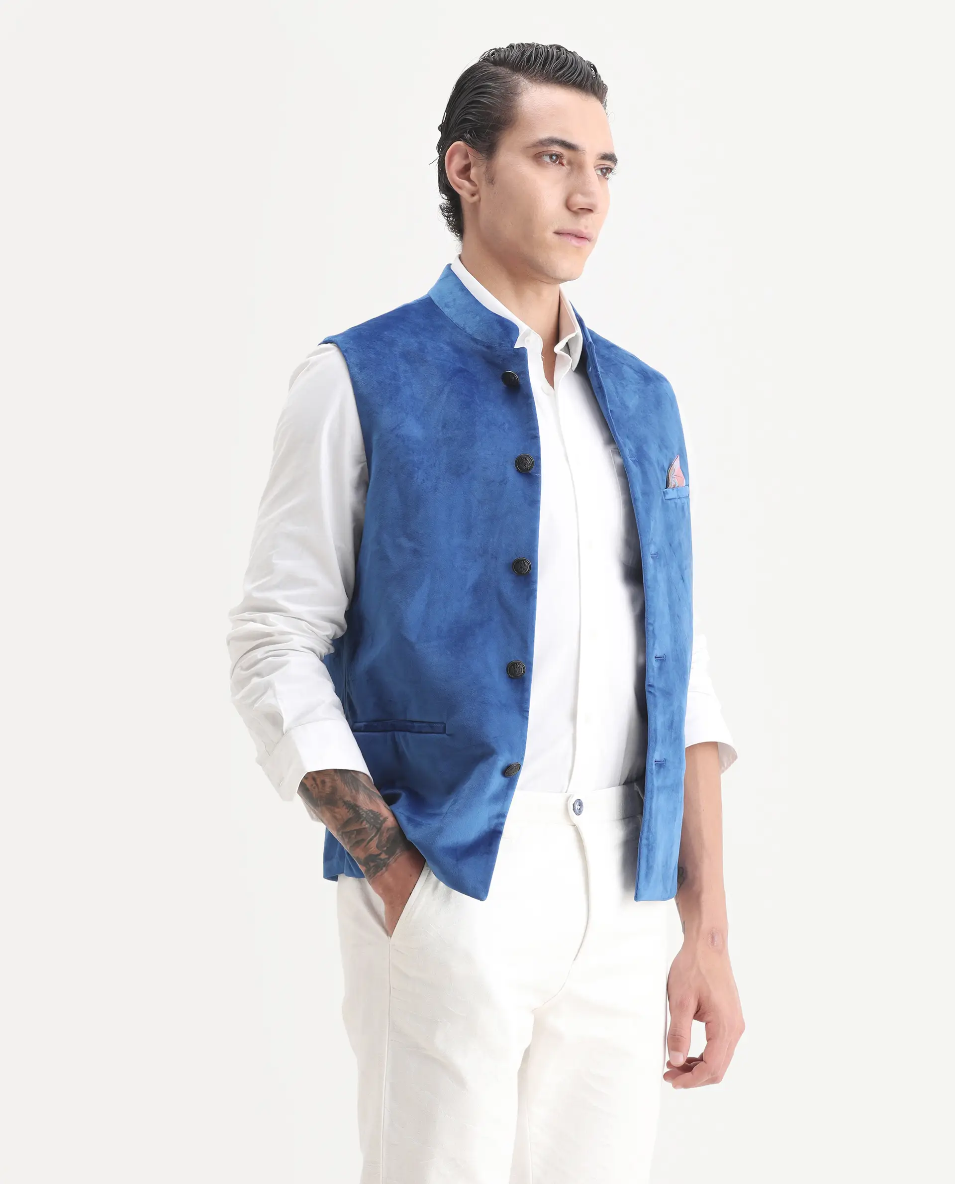 Rare Rabbit Men's Ziva Blue Velvet Plain Tailored Fit Sleeveless Mandarin Collar Bandhgala - Image 6