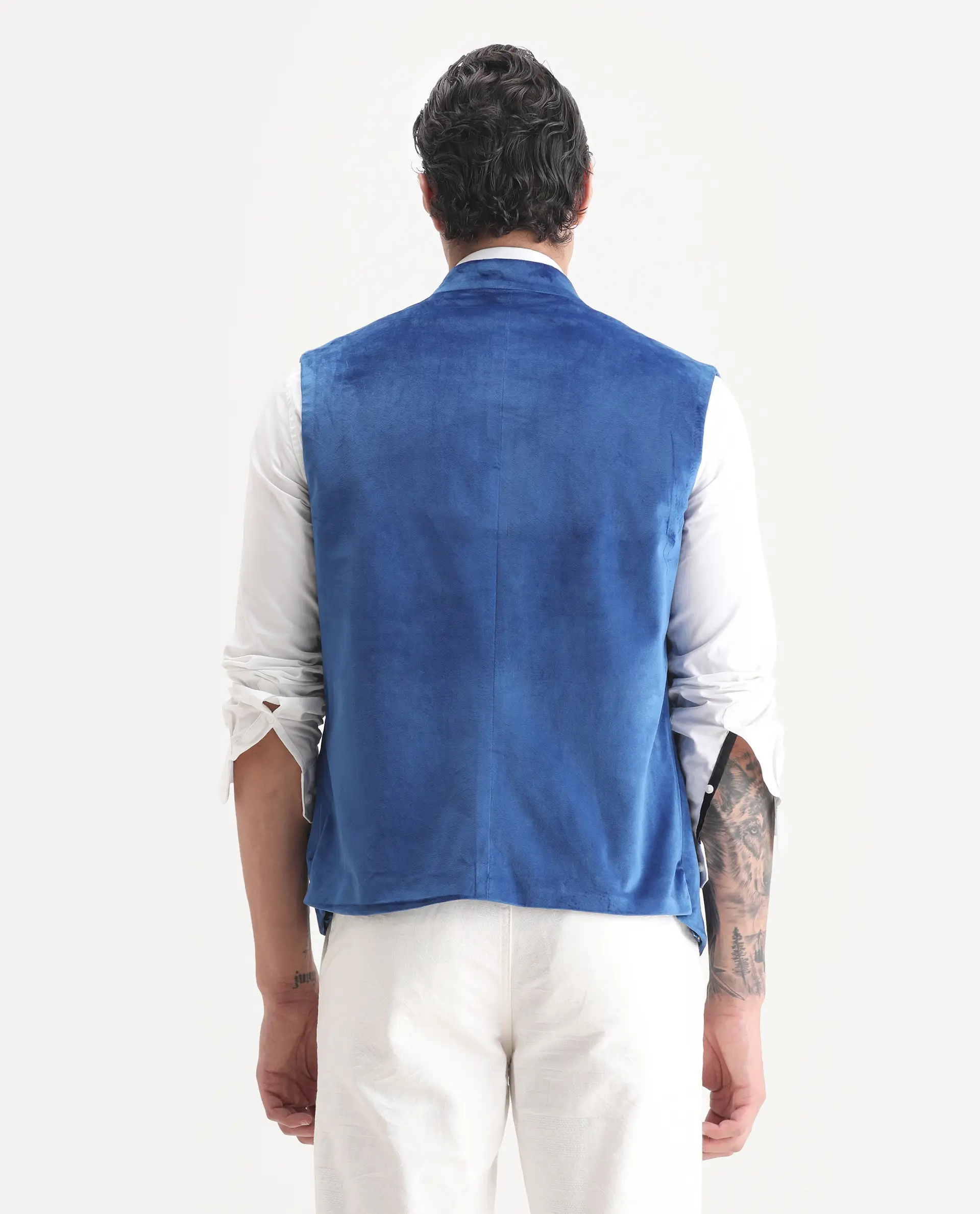 Rare Rabbit Men's Ziva Blue Velvet Plain Tailored Fit Sleeveless Mandarin Collar Bandhgala - Image 7