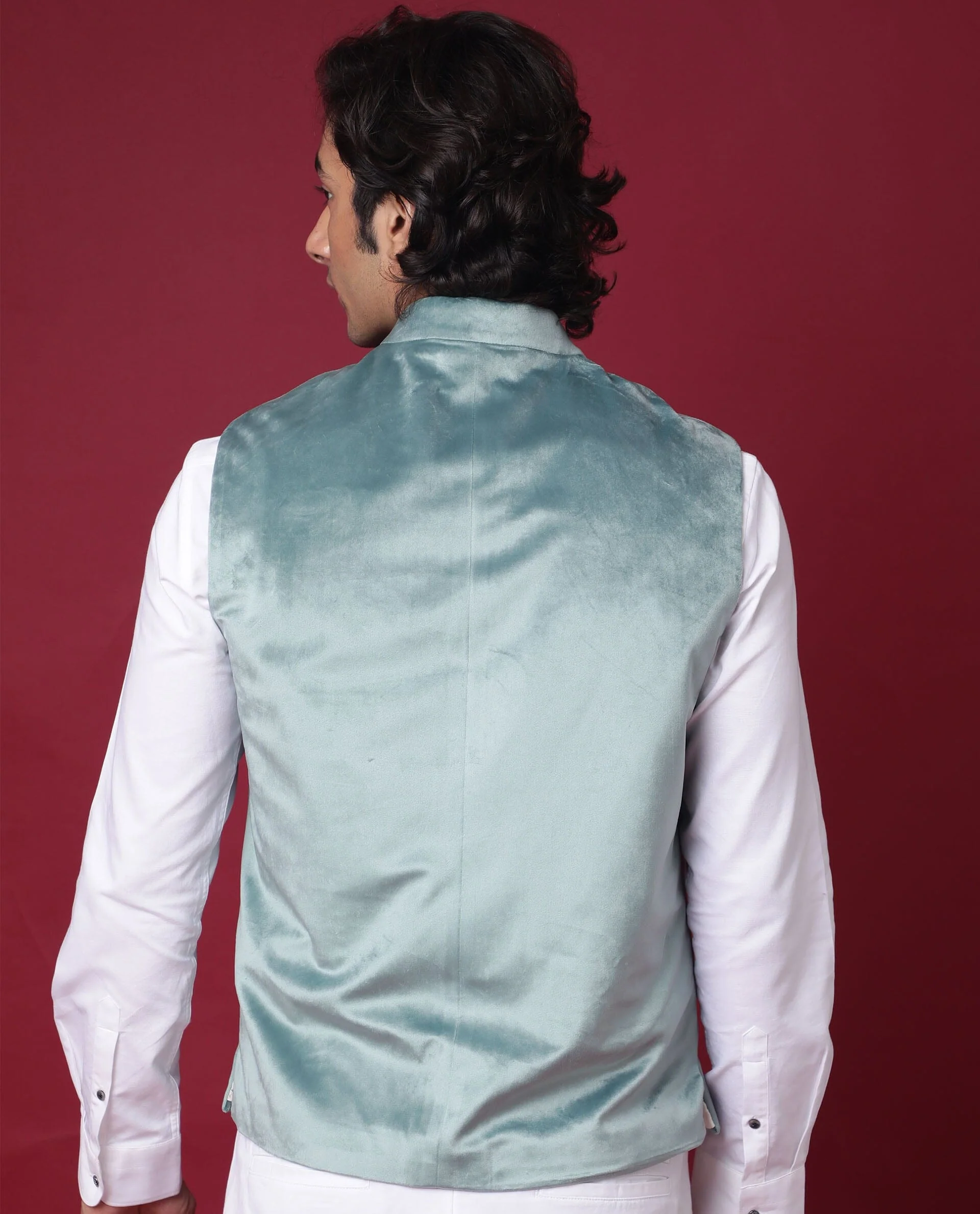 Rare Rabbit Men's Ziva Green Velvet Plain Tailored Fit Sleeveless Mandarin Collar Bandhgala - Image 3