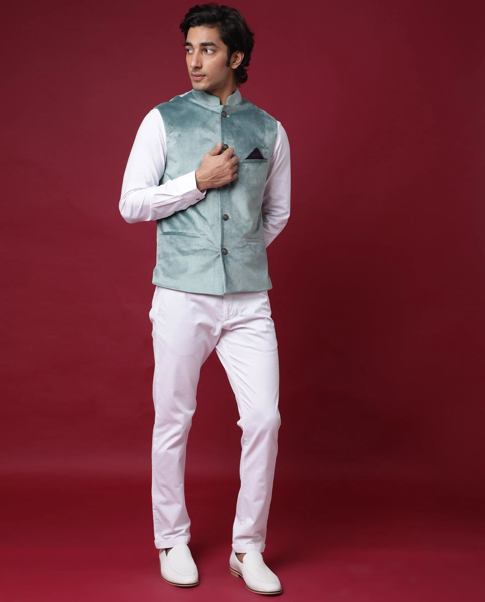 Rare Rabbit Men's Ziva Green Velvet Plain Tailored Fit Sleeveless Mandarin Collar Bandhgala - Image 4
