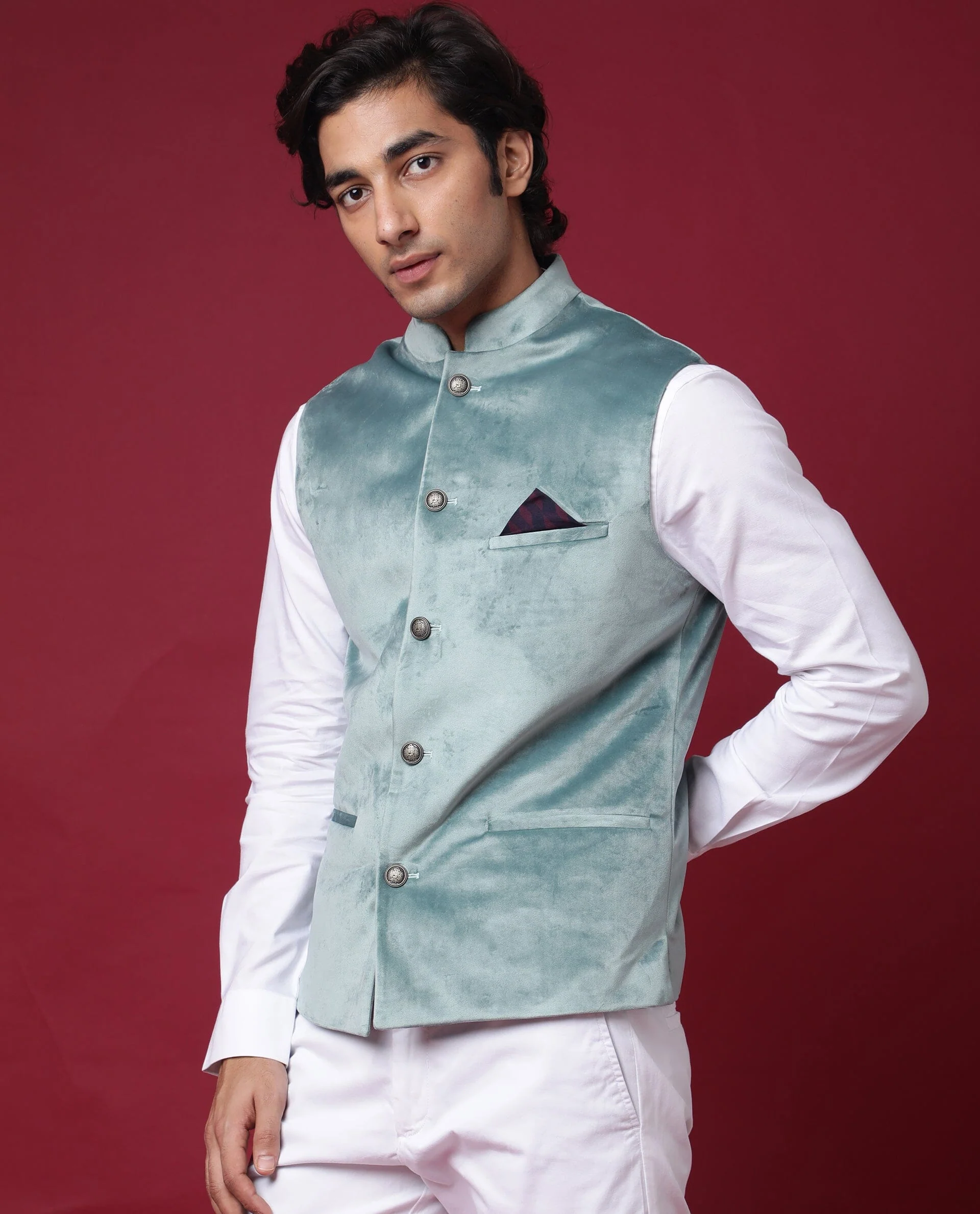 Rare Rabbit Men's Ziva Green Velvet Plain Tailored Fit Sleeveless Mandarin Collar Bandhgala - Image 5