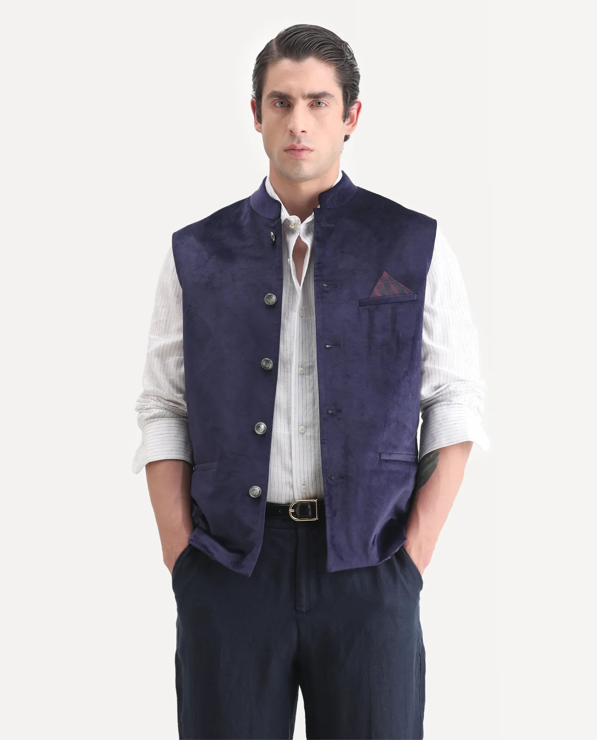 Rare Rabbit Men's Ziva Purple Velvet Plain Tailored Fit Sleeveless Mandarin Collar Bandhgala