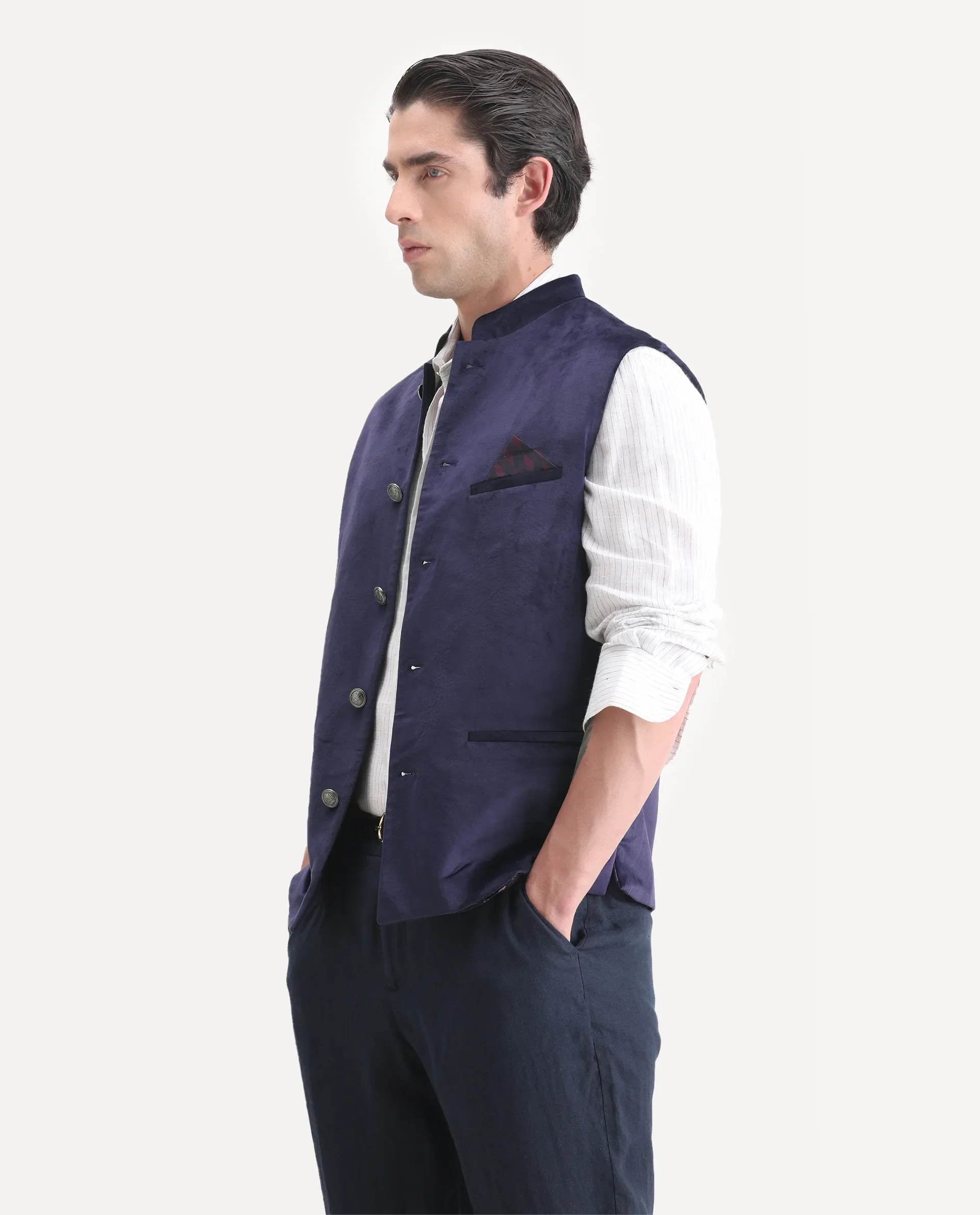 Rare Rabbit Men's Ziva Purple Velvet Plain Tailored Fit Sleeveless Mandarin Collar Bandhgala - Image 4