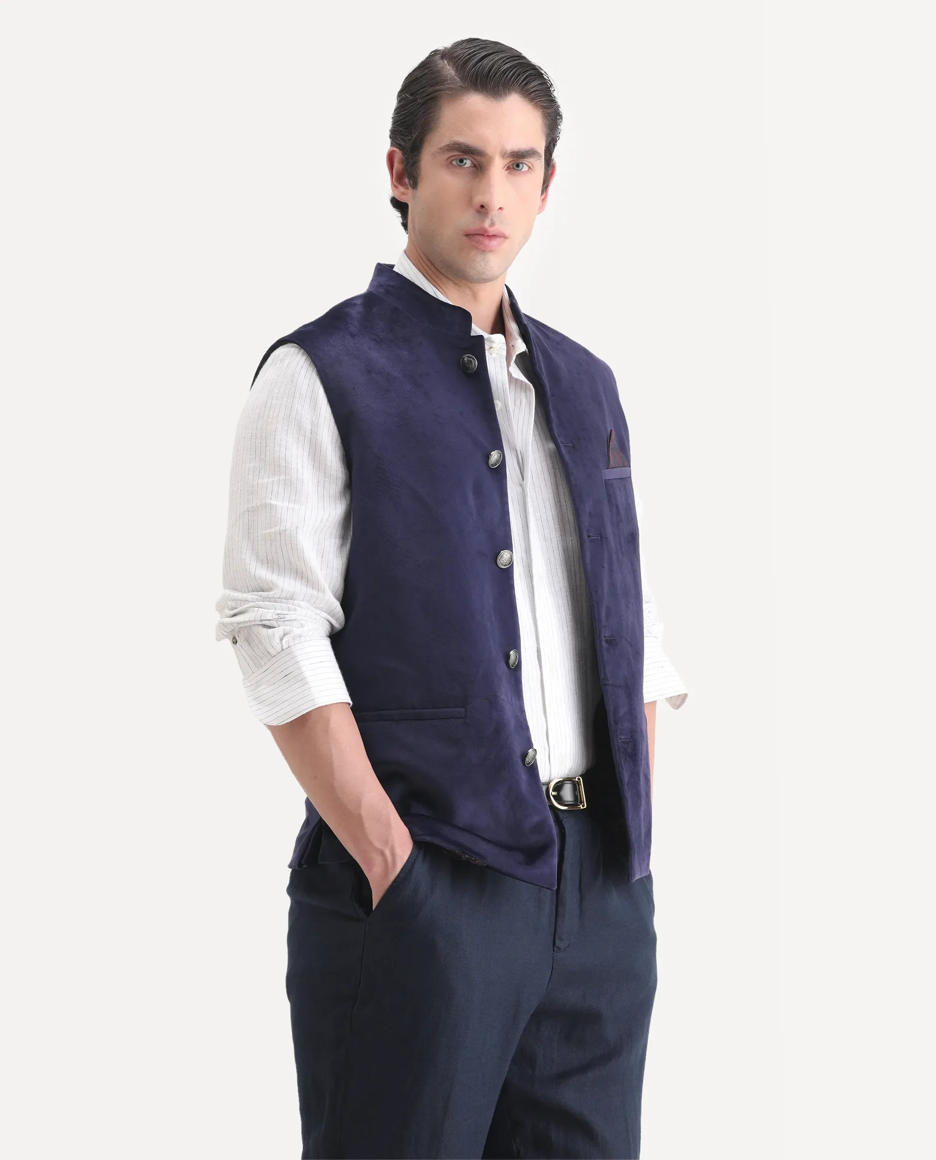 Rare Rabbit Men's Ziva Purple Velvet Plain Tailored Fit Sleeveless Mandarin Collar Bandhgala - Image 5