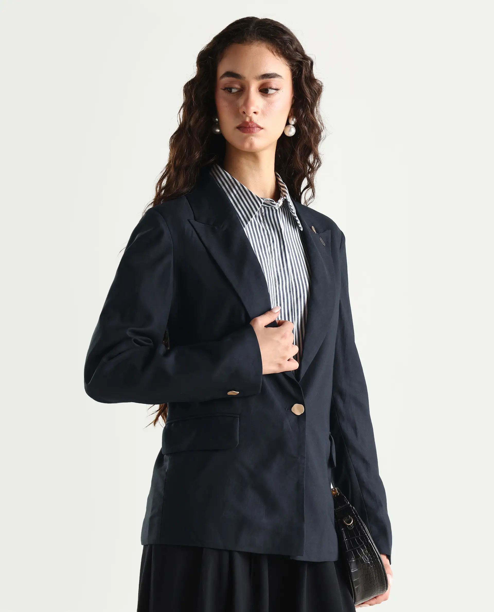 Rareism Women's Ziva Black Polyester Lapel Neck Plain Tailored Blazer - Image 6