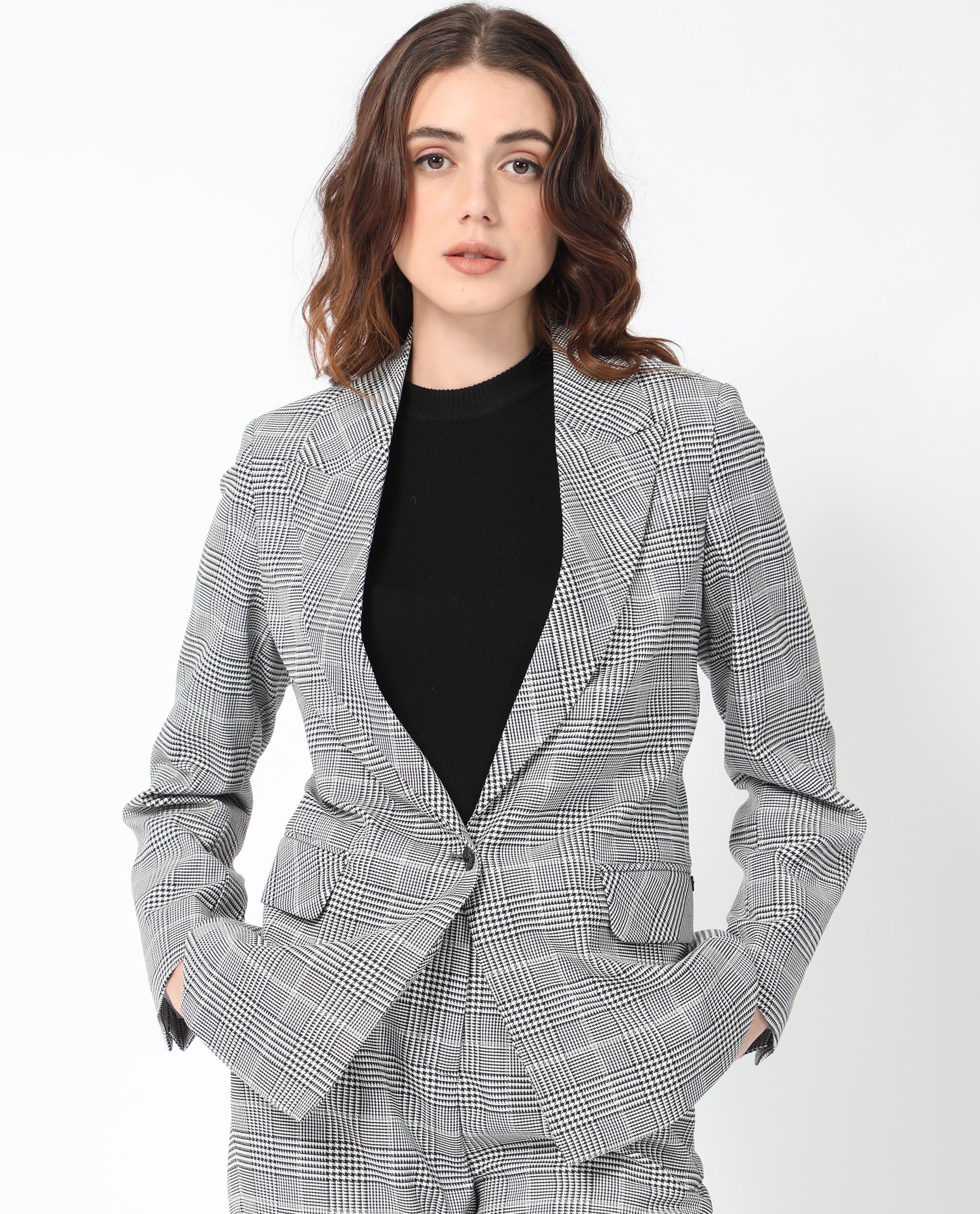 Rareism Women's Zivaa Black Polyester Lapel Neck Checked Tailored Blazer