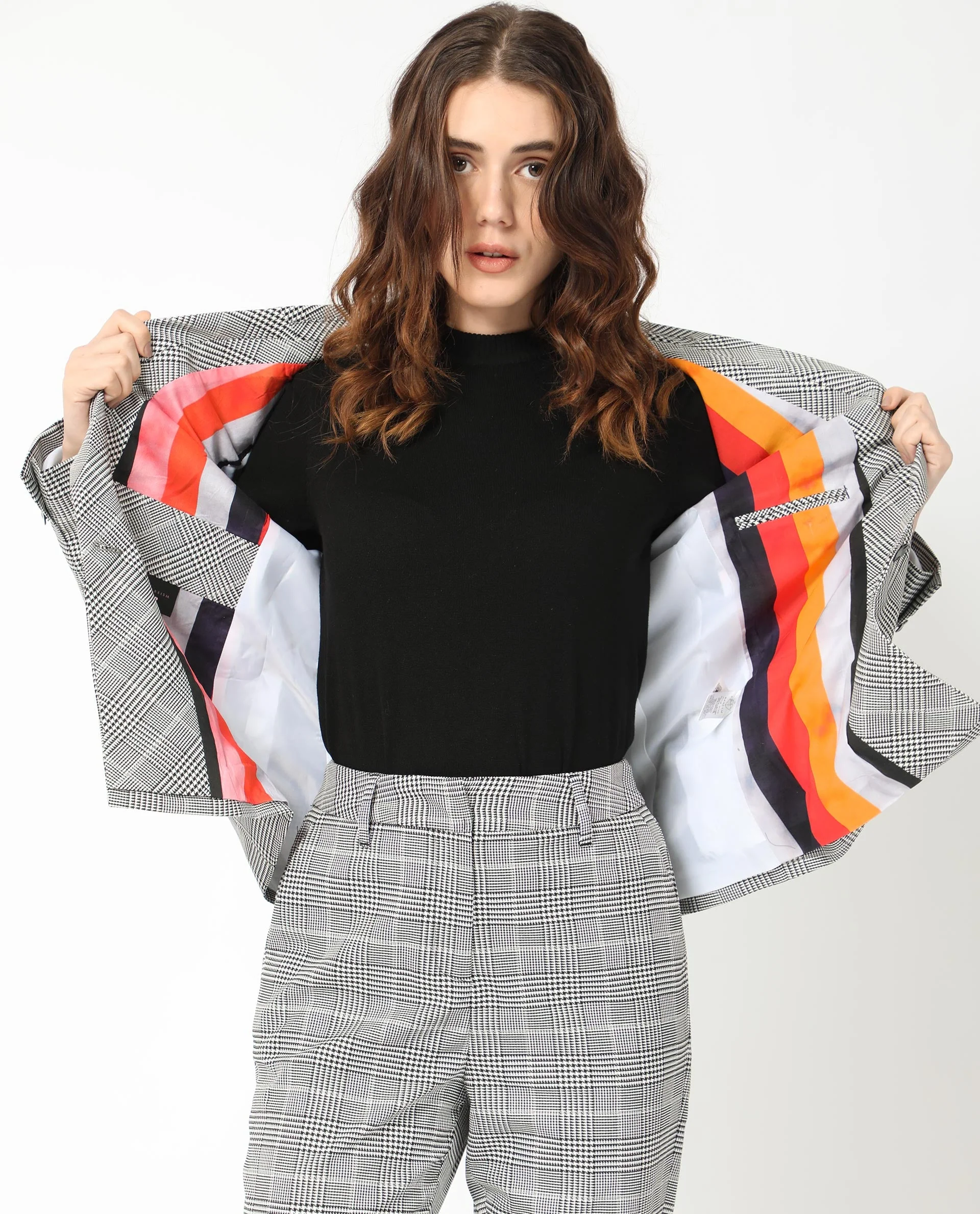 Rareism Women's Zivaa Black Polyester Lapel Neck Checked Tailored Blazer - Image 3