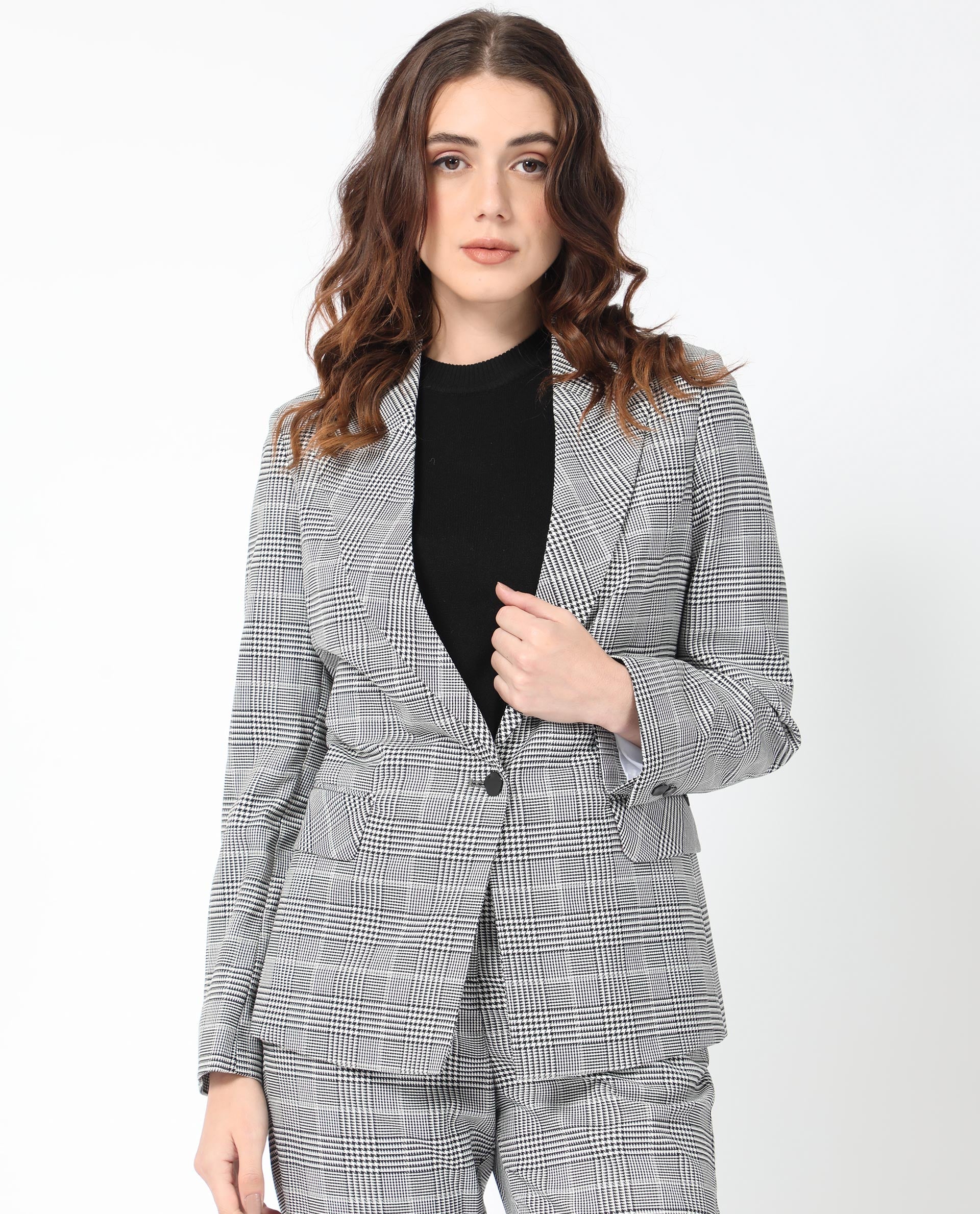 Rareism Women's Zivaa Black Polyester Lapel Neck Checked Tailored Blazer - Image 6