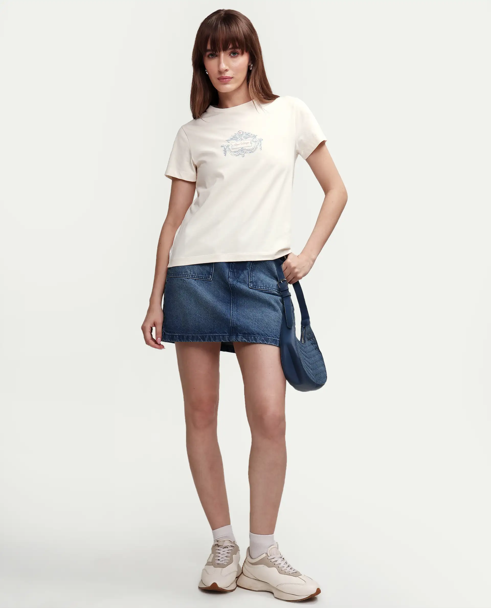 Rareism Women's Zive Off White Cotton Blend Half Sleeve Regular Fit Pigment Print T-Shirt - Image 2