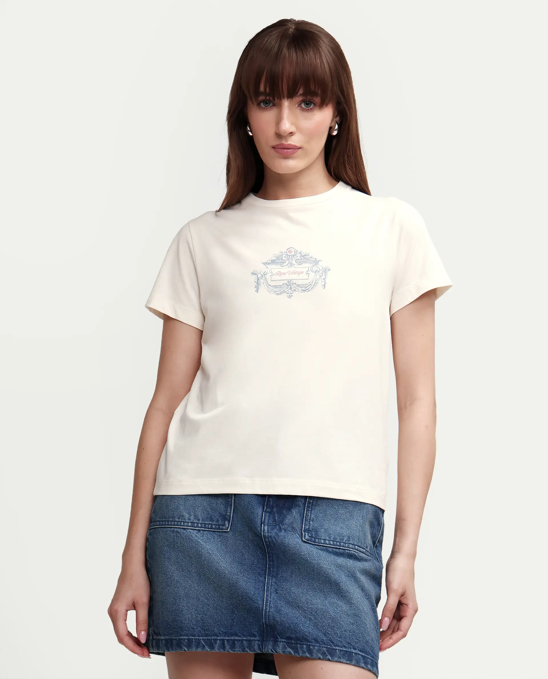 Rareism Women's Zive Off White Cotton Blend Half Sleeve Regular Fit Pigment Print T-Shirt - Image 3