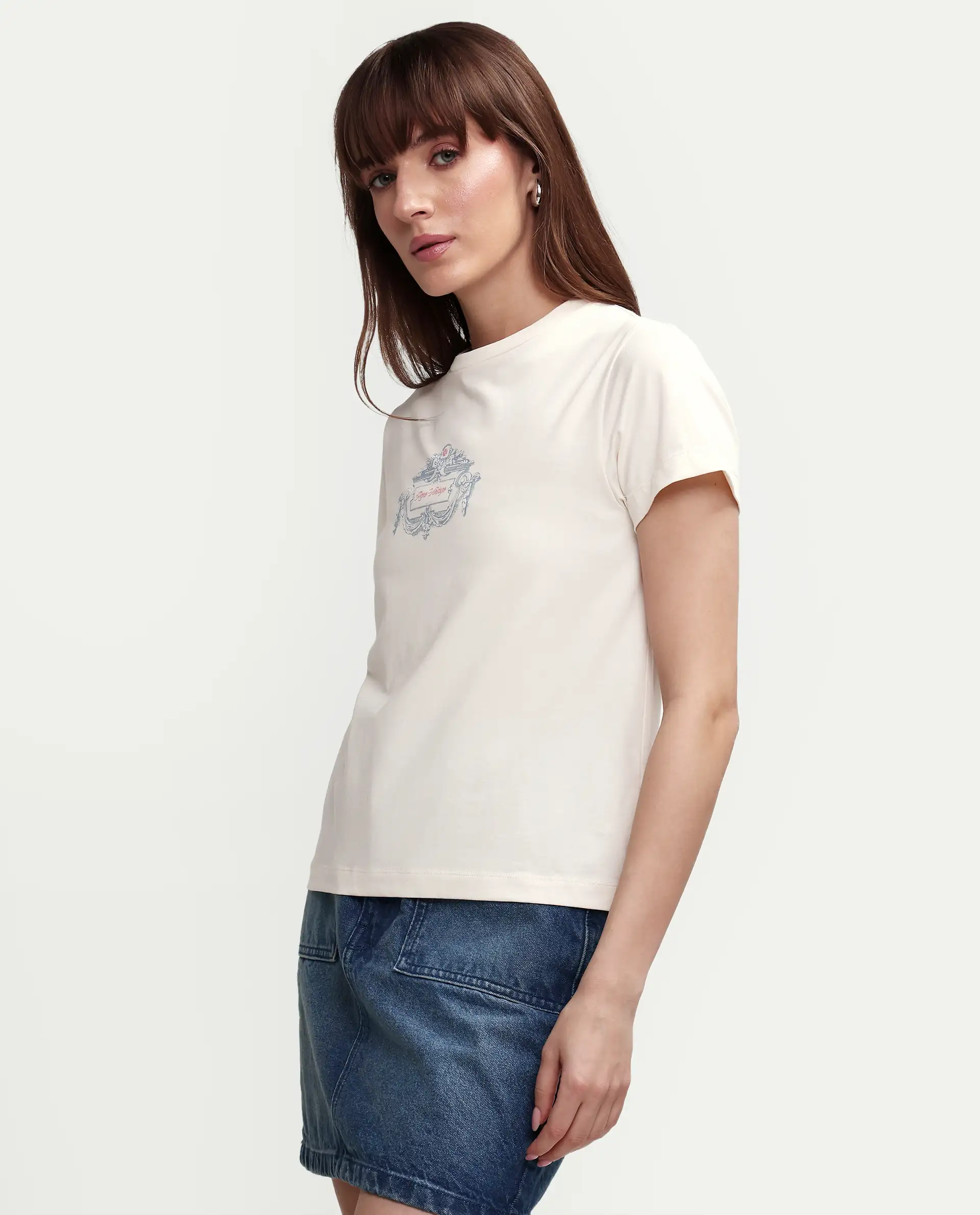 Rareism Women's Zive Off White Cotton Blend Half Sleeve Regular Fit Pigment Print T-Shirt - Image 5