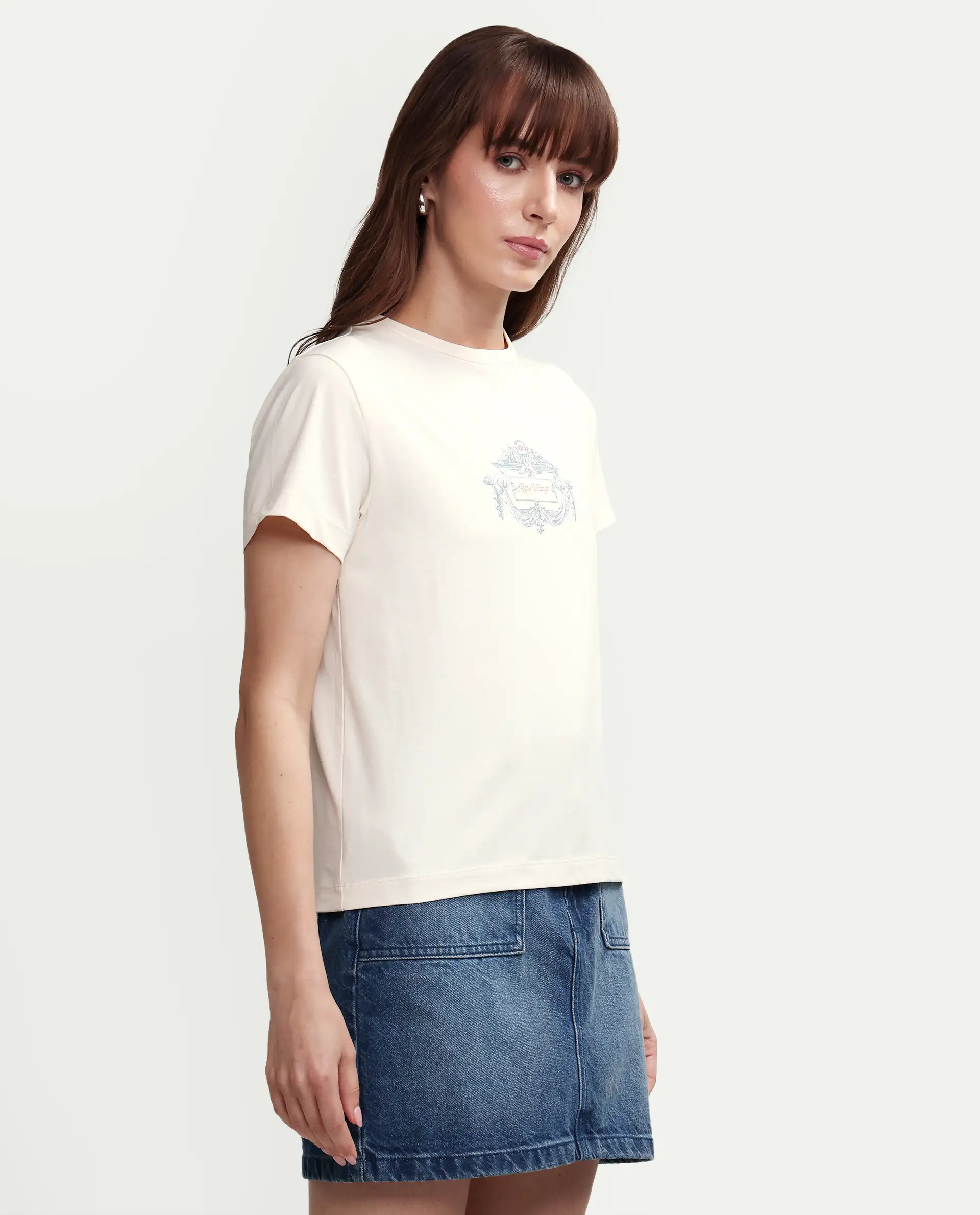 Rareism Women's Zive Off White Cotton Blend Half Sleeve Regular Fit Pigment Print T-Shirt - Image 6