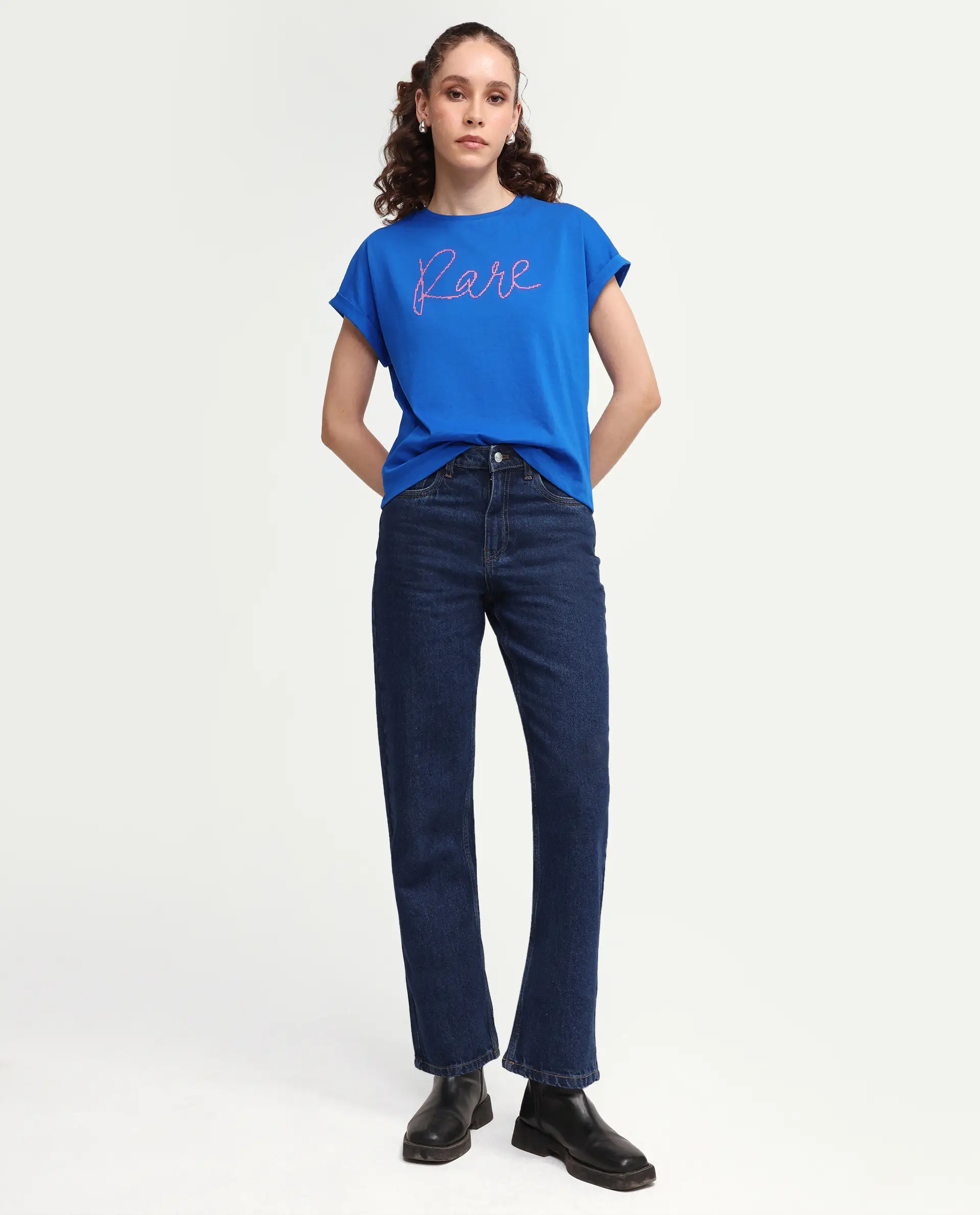 Rareism Women's Zivic Dark Blue Cotton Crew Neck Pull-On Relaxed Typography Print T-Shirt - Image 2