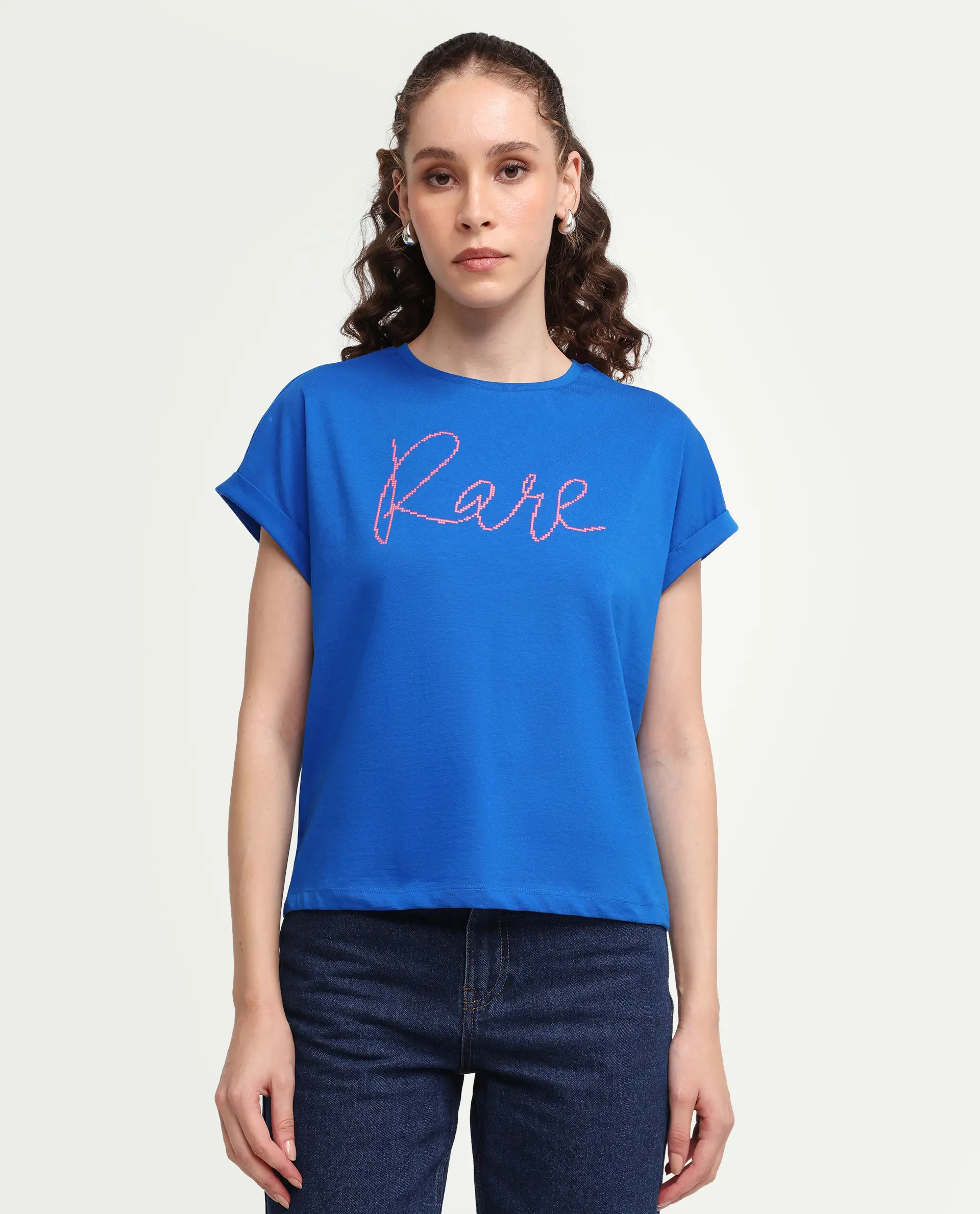 Rareism Women's Zivic Dark Blue Cotton Crew Neck Pull-On Relaxed Typography Print T-Shirt - Image 3