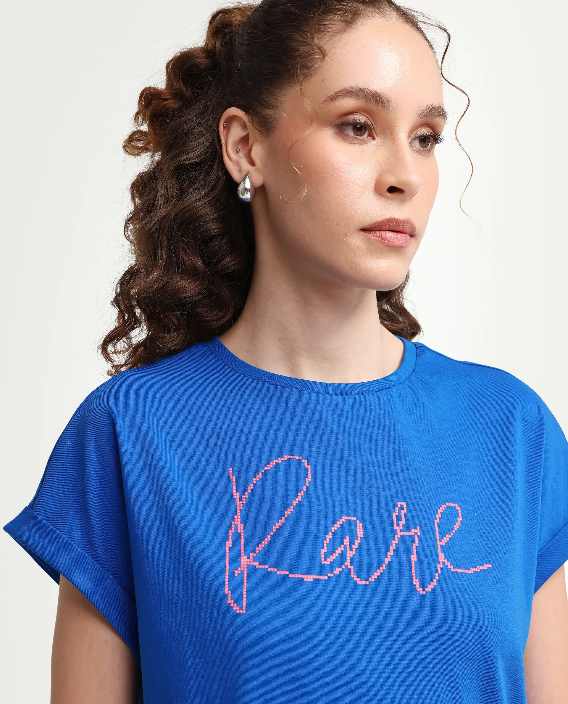 Rareism Women's Zivic Dark Blue Cotton Crew Neck Pull-On Relaxed Typography Print T-Shirt - Image 4