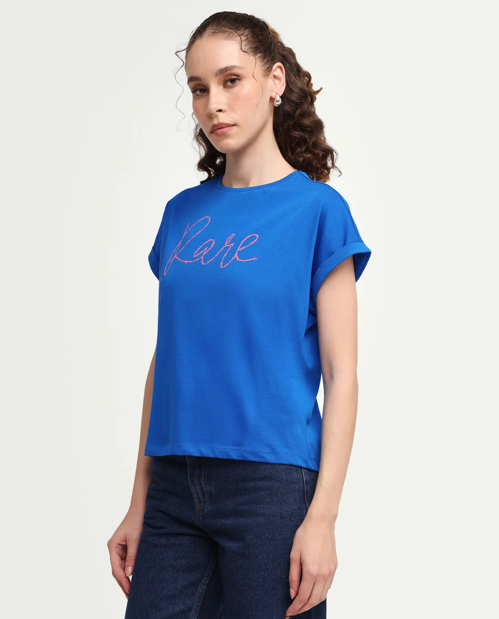 Rareism Women's Zivic Dark Blue Cotton Crew Neck Pull-On Relaxed Typography Print T-Shirt - Image 5