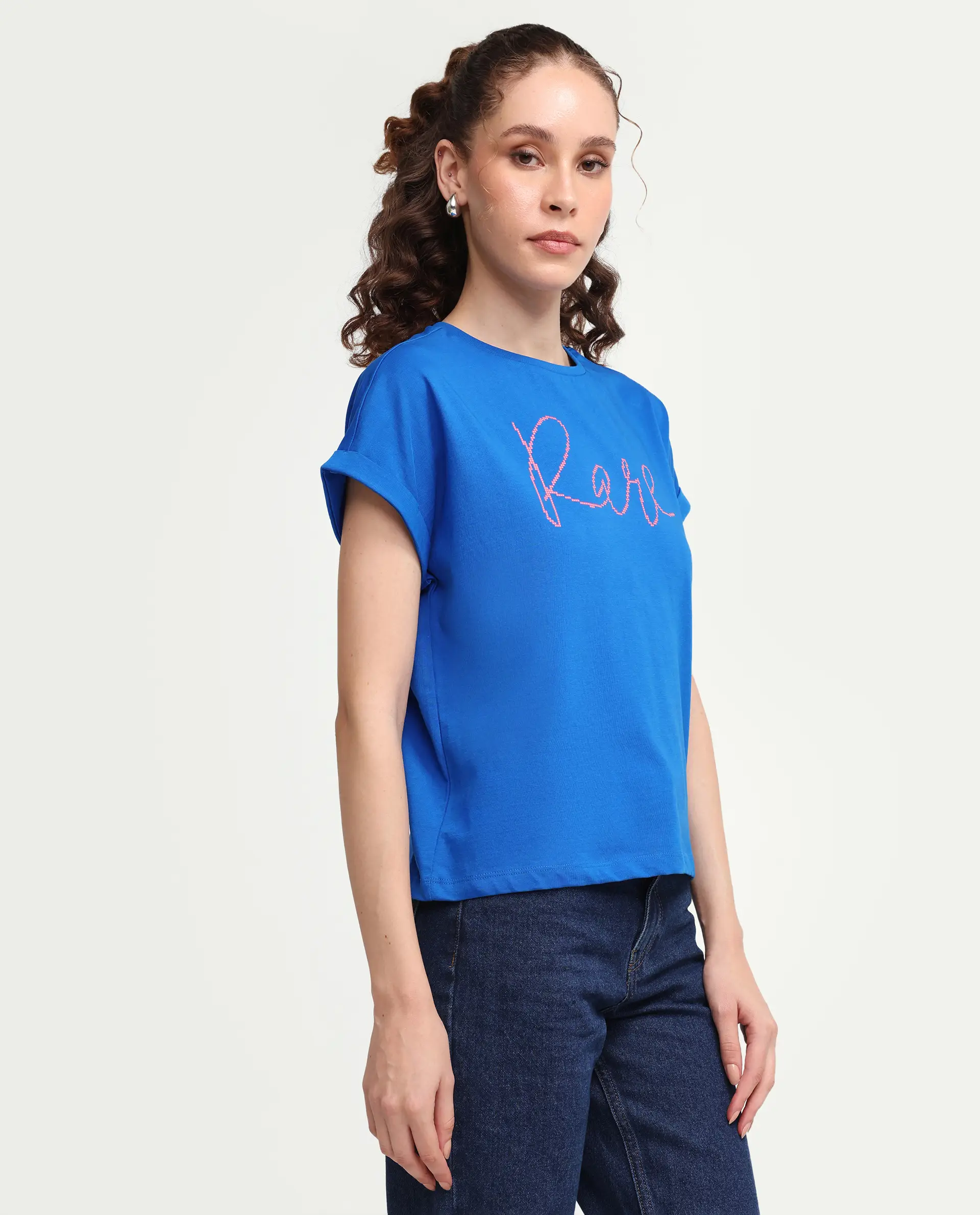 Rareism Women's Zivic Dark Blue Cotton Crew Neck Pull-On Relaxed Typography Print T-Shirt - Image 6