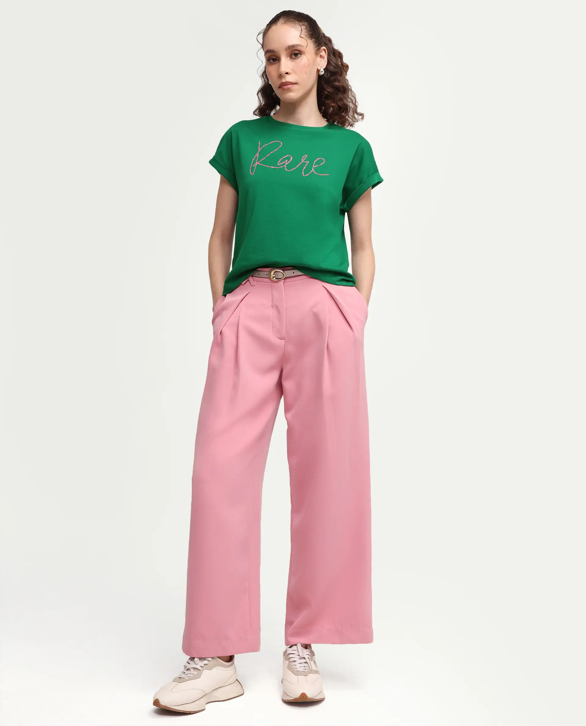 Rareism Women's Zivic Dark Green Cotton Crew Neck Pull-On Relaxed Typography Print T-Shirt - Image 2