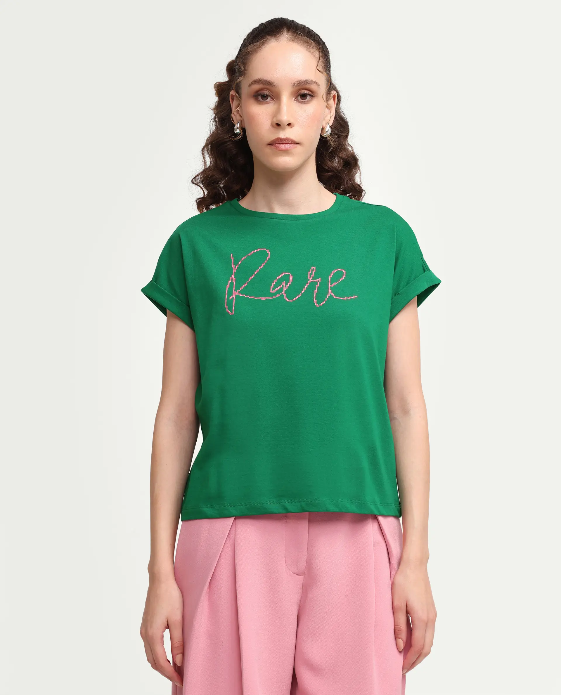 Rareism Women's Zivic Dark Green Cotton Crew Neck Pull-On Relaxed Typography Print T-Shirt - Image 3