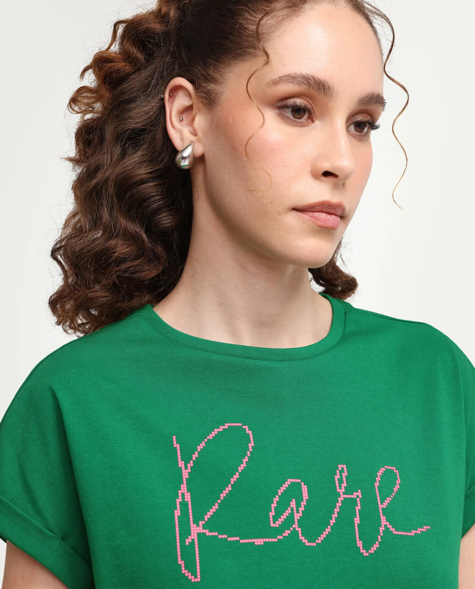 Rareism Women's Zivic Dark Green Cotton Crew Neck Pull-On Relaxed Typography Print T-Shirt - Image 4