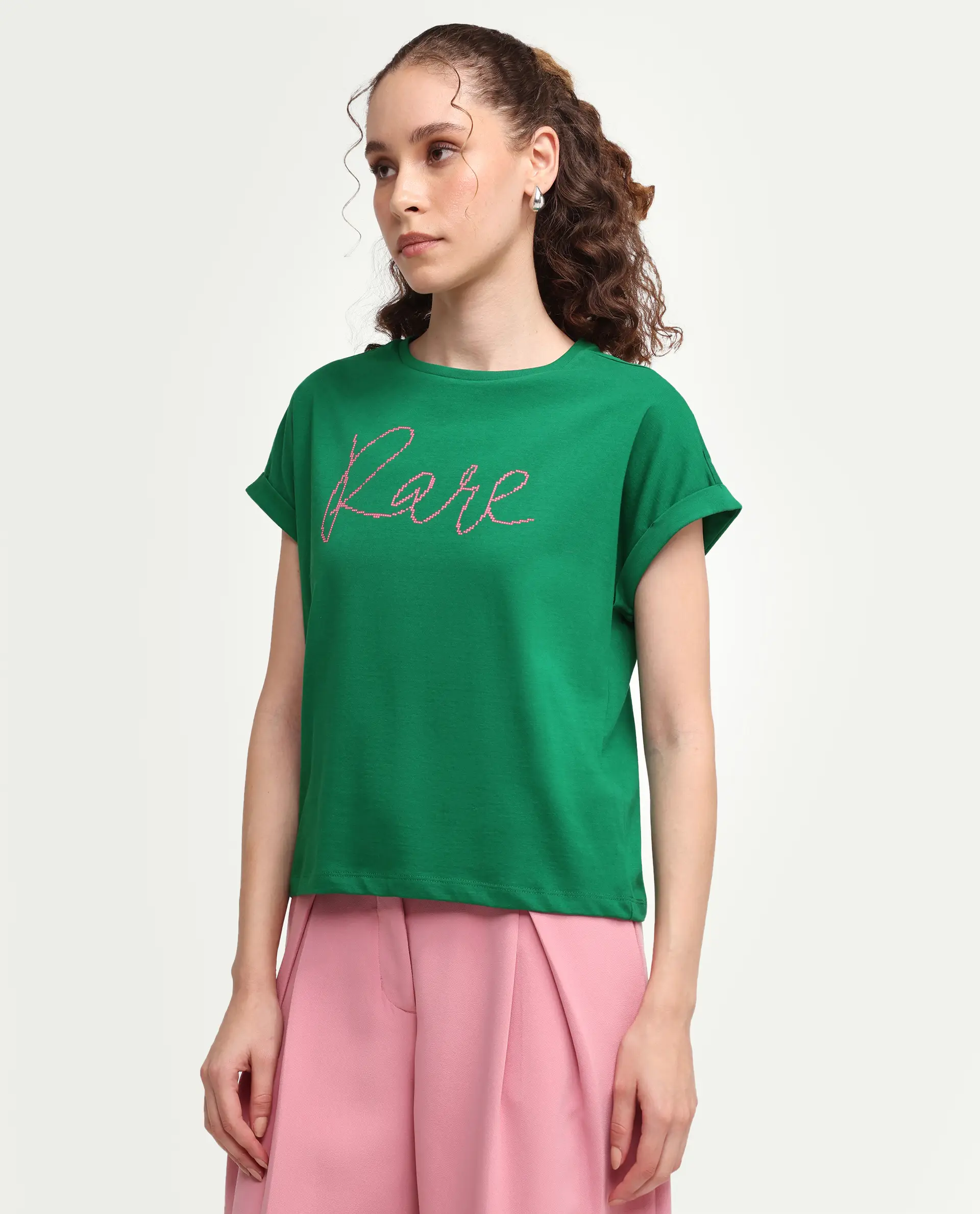 Rareism Women's Zivic Dark Green Cotton Crew Neck Pull-On Relaxed Typography Print T-Shirt - Image 5