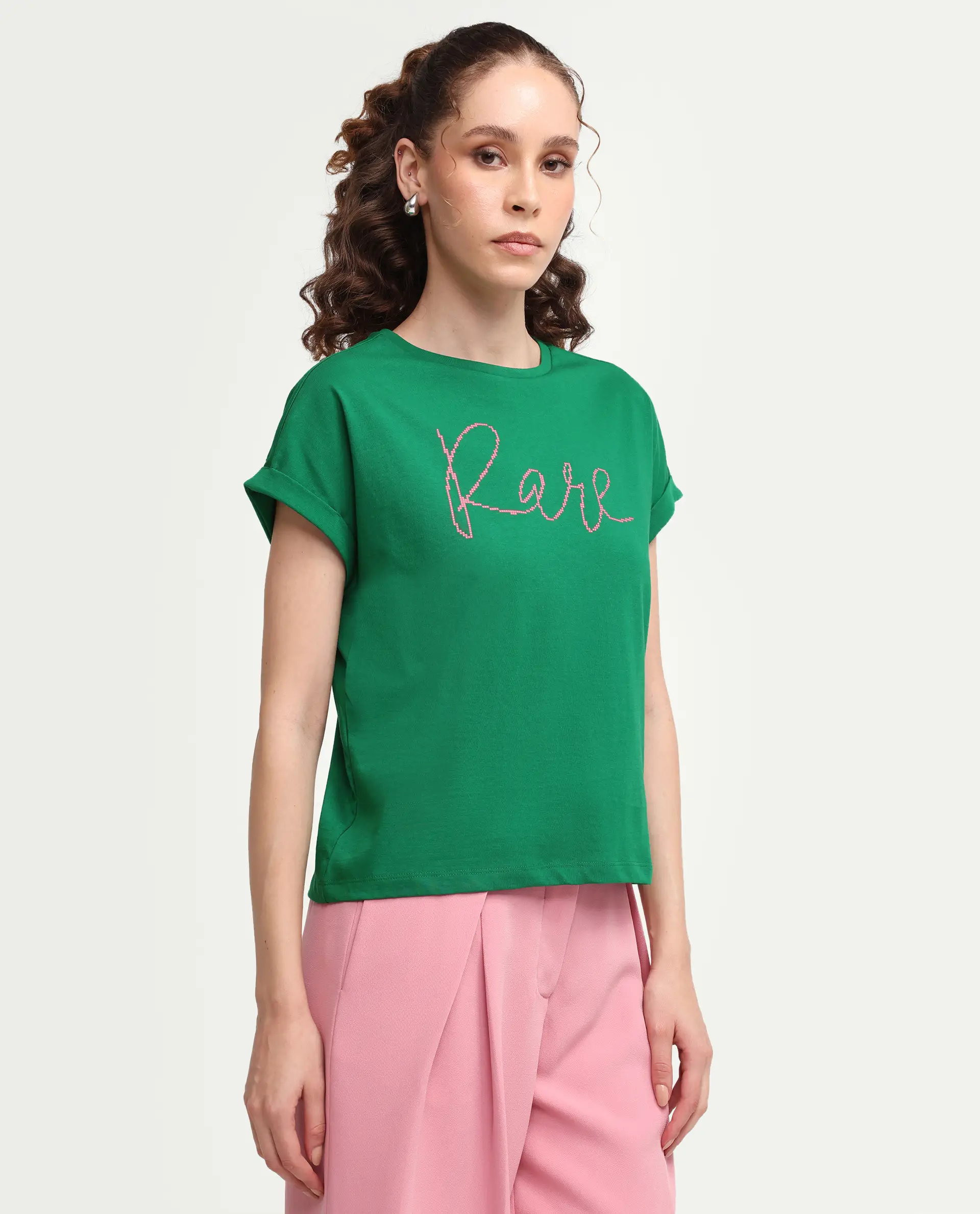 Rareism Women's Zivic Dark Green Cotton Crew Neck Pull-On Relaxed Typography Print T-Shirt - Image 6
