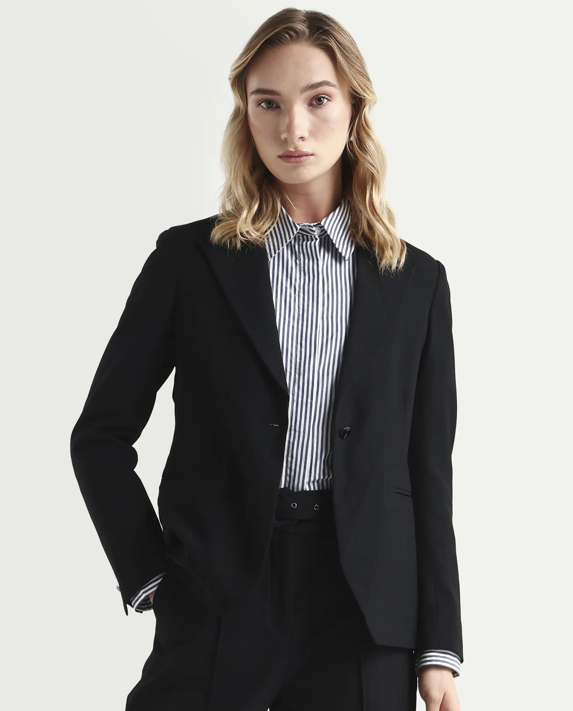 Rareism Women's Zivya Dark Black Polyester Blend Lapel Neck Plain Regular Fit Blazer