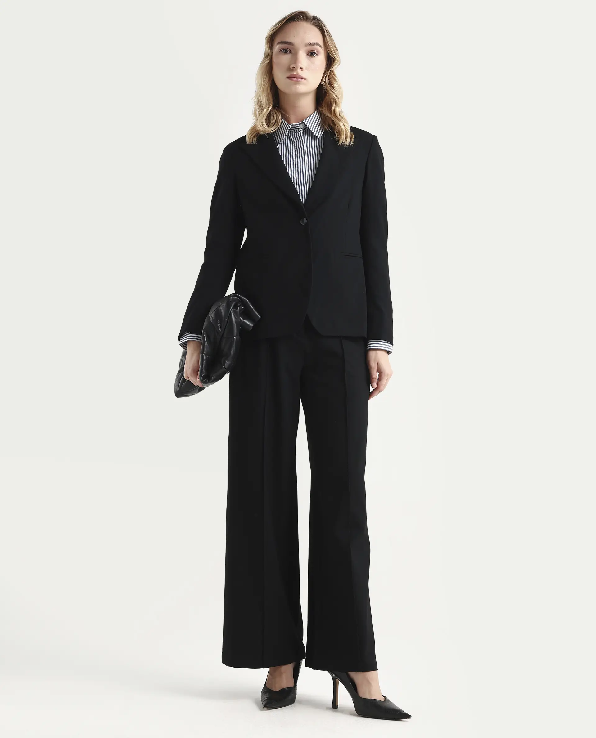 Rareism Women's Zivya Dark Black Polyester Blend Lapel Neck Plain Regular Fit Blazer - Image 2