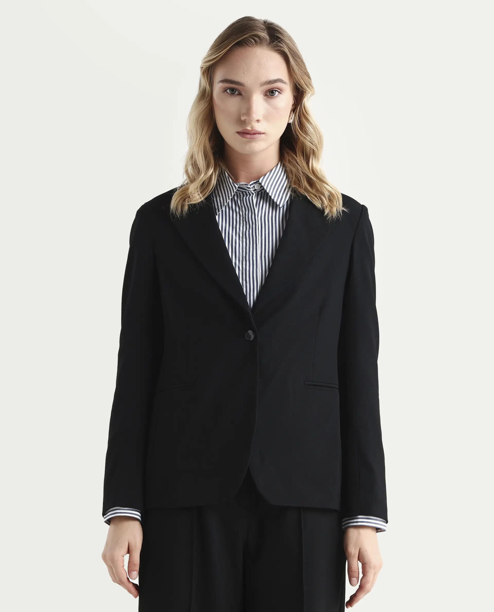 Rareism Women's Zivya Dark Black Polyester Blend Lapel Neck Plain Regular Fit Blazer - Image 4
