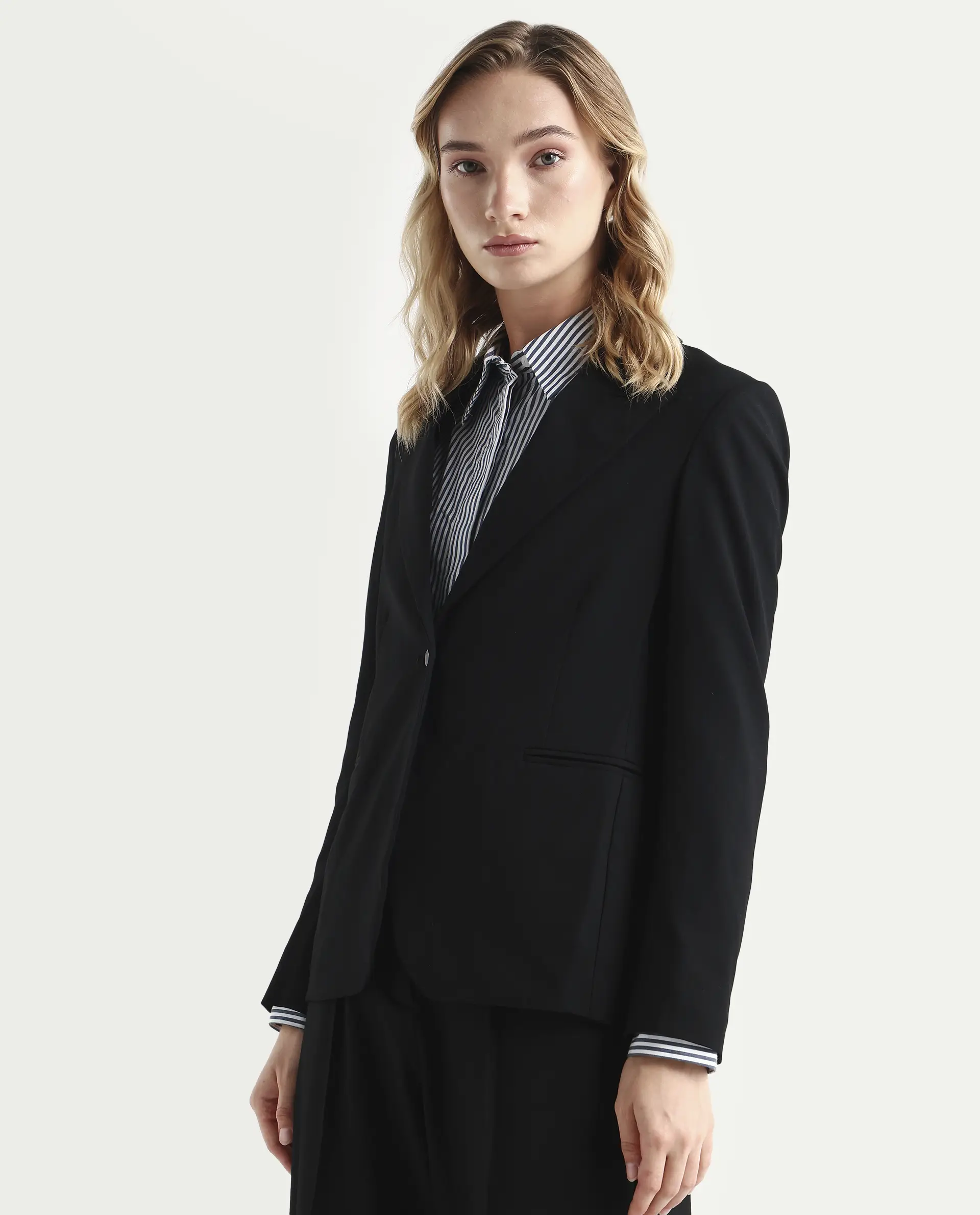 Rareism Women's Zivya Dark Black Polyester Blend Lapel Neck Plain Regular Fit Blazer - Image 5