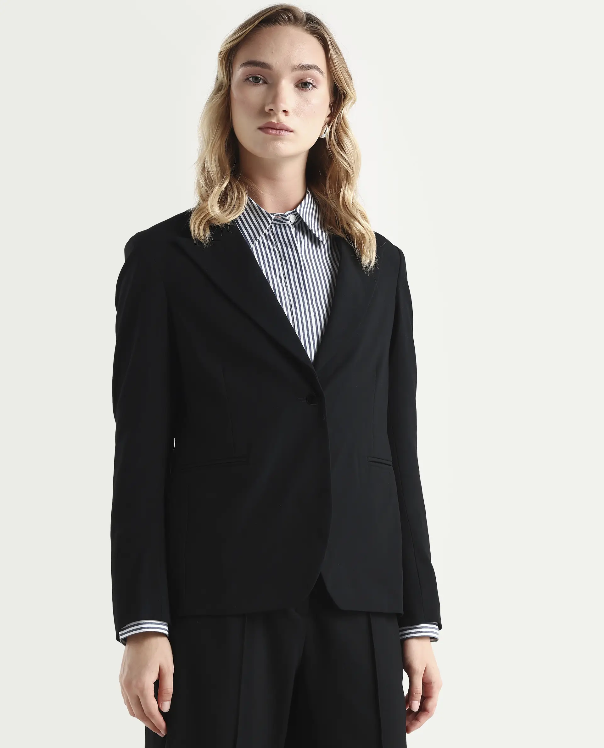 Rareism Women's Zivya Dark Black Polyester Blend Lapel Neck Plain Regular Fit Blazer - Image 6