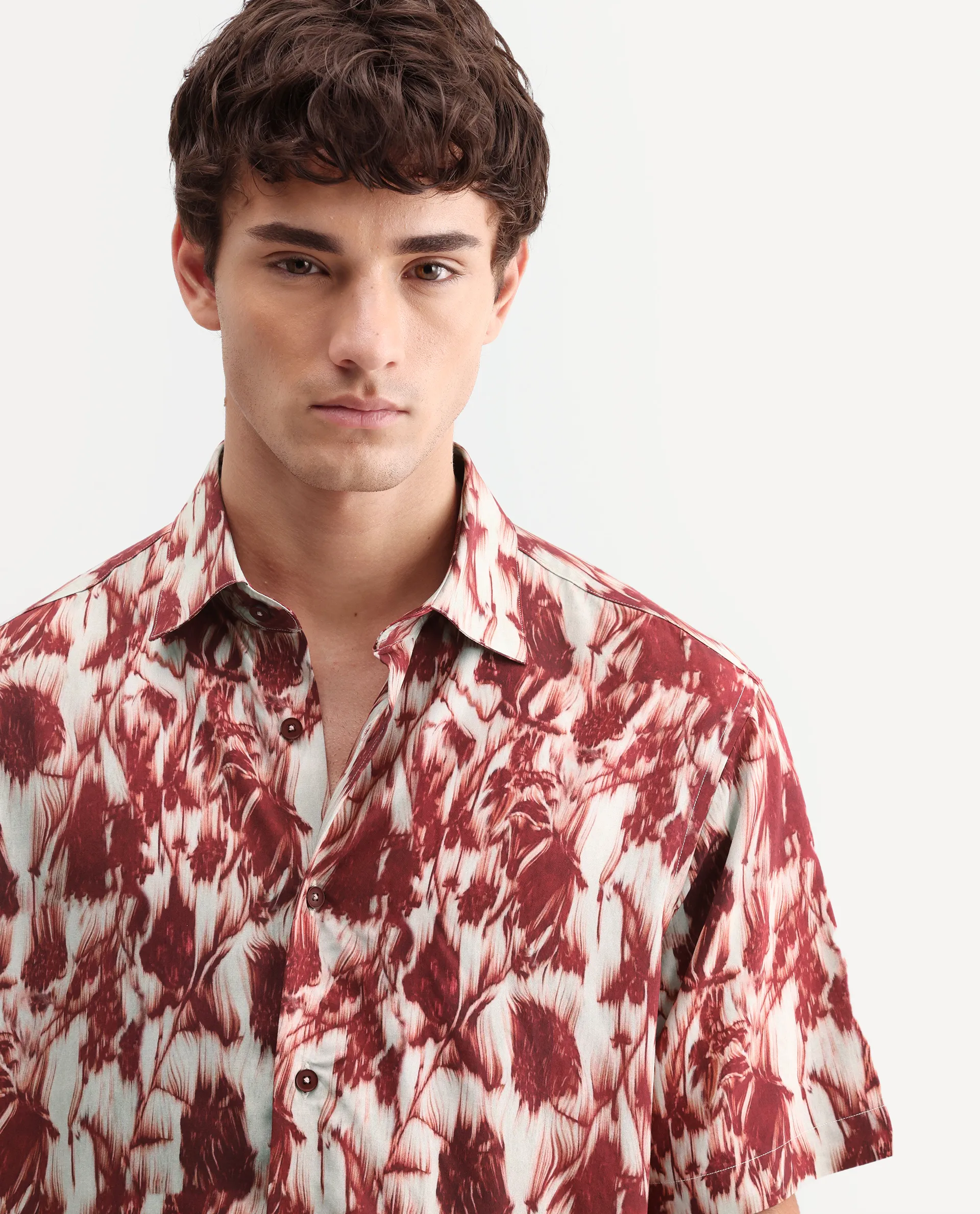 Rare Rabbit Men's Ziya Red Viscose Fabric Half Sleeve Regular Fit Abstract Print Shirt - Image 3