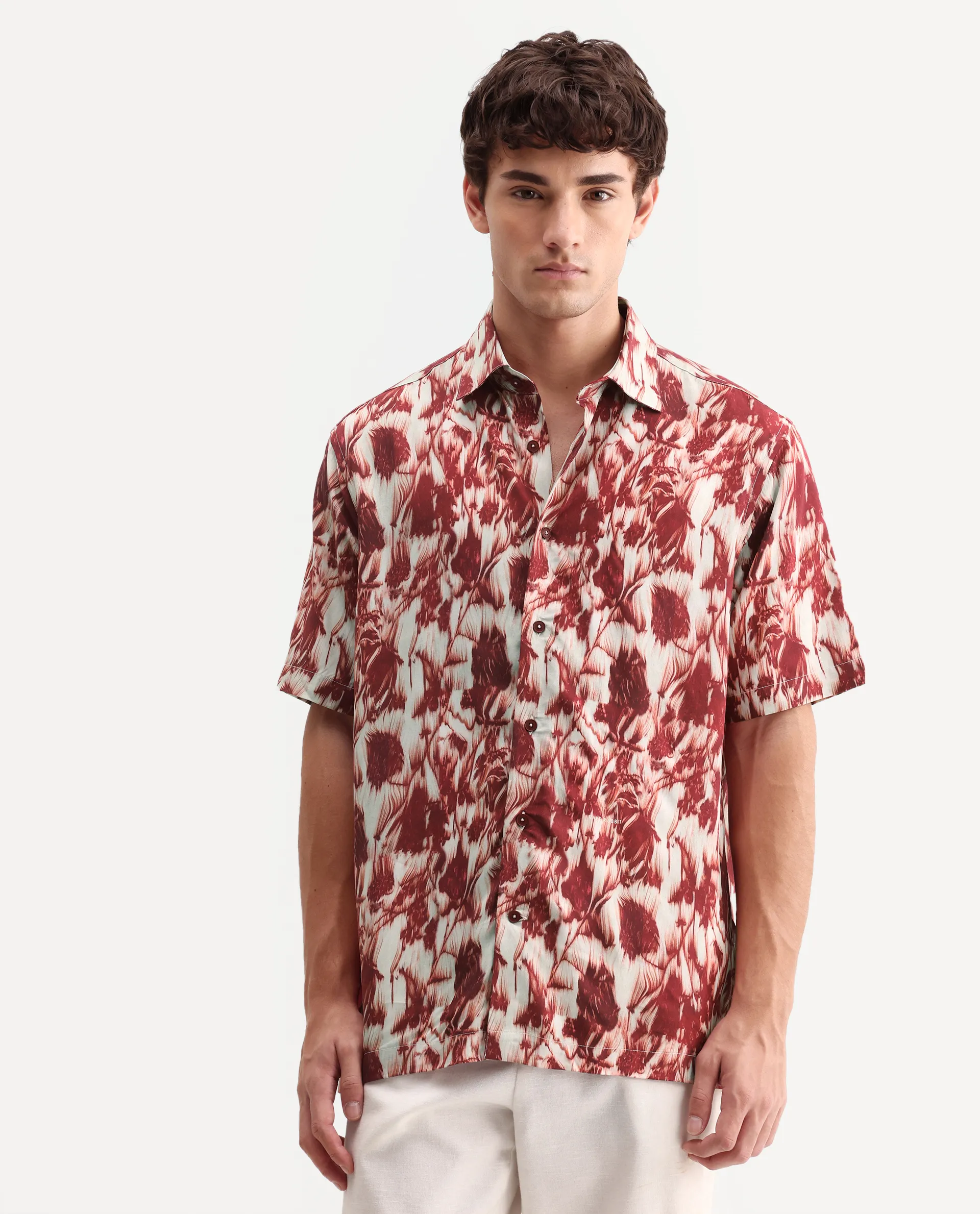 Rare Rabbit Men's Ziya Red Viscose Fabric Half Sleeve Regular Fit Abstract Print Shirt - Image 4