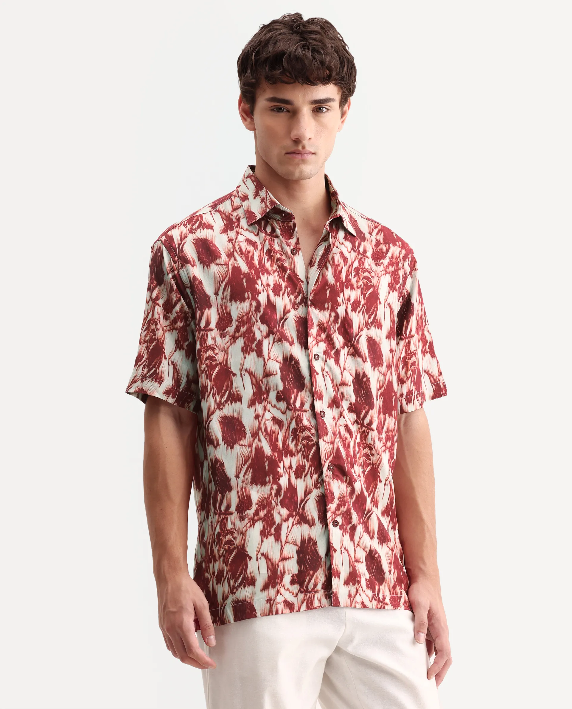 Rare Rabbit Men's Ziya Red Viscose Fabric Half Sleeve Regular Fit Abstract Print Shirt - Image 5