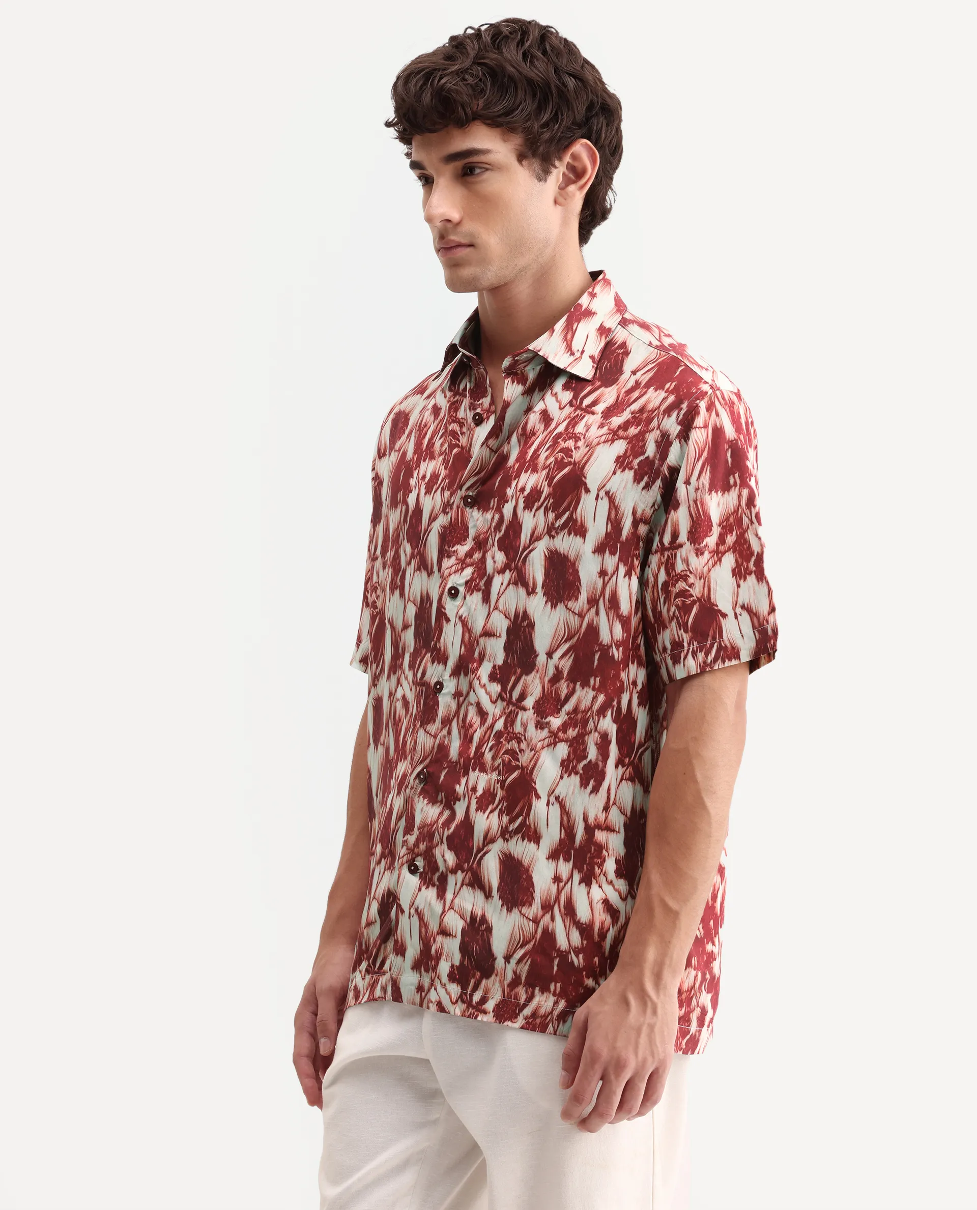 Rare Rabbit Men's Ziya Red Viscose Fabric Half Sleeve Regular Fit Abstract Print Shirt - Image 6