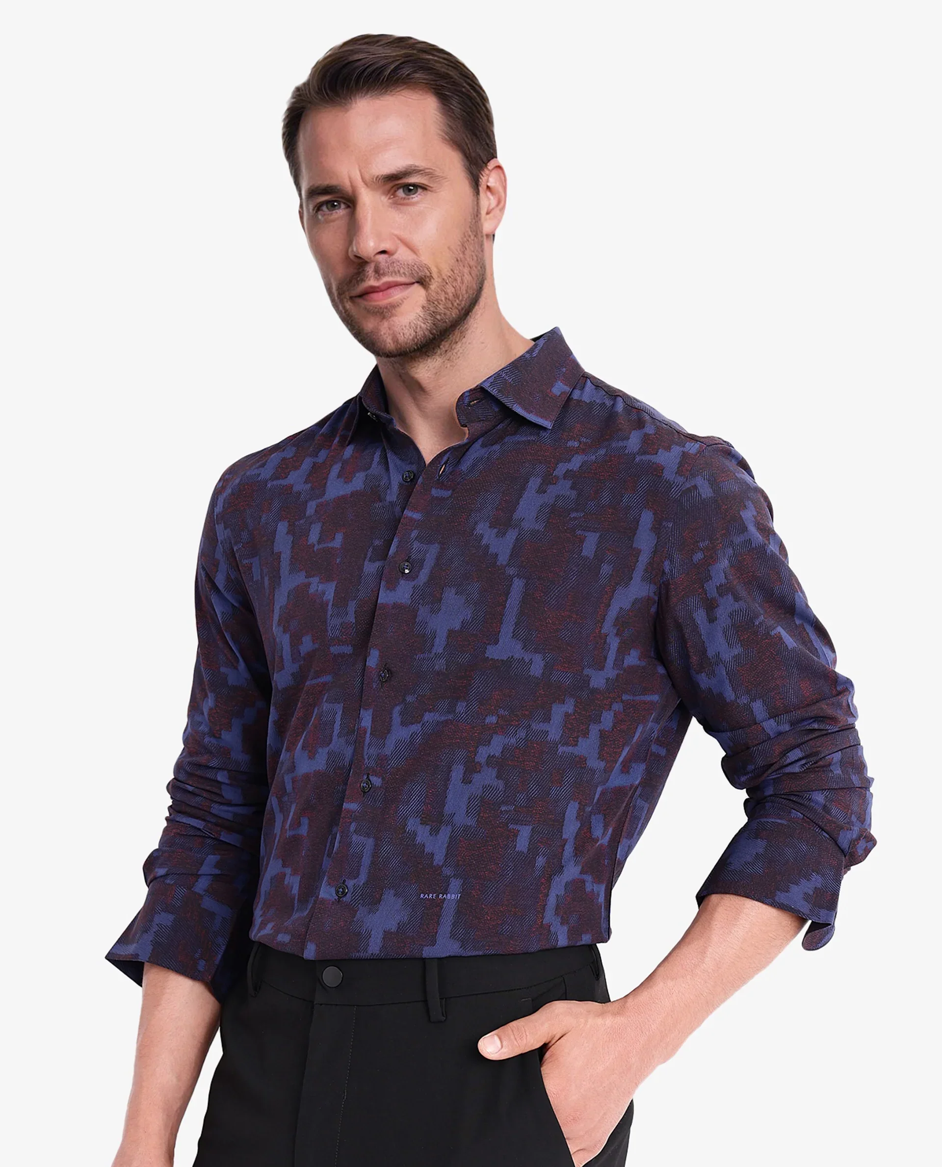 Rare Rabbit Men's Zlata Navy Cotton Abstract Print Regular Fit Full Sleeve Collared Shirt - Image 6