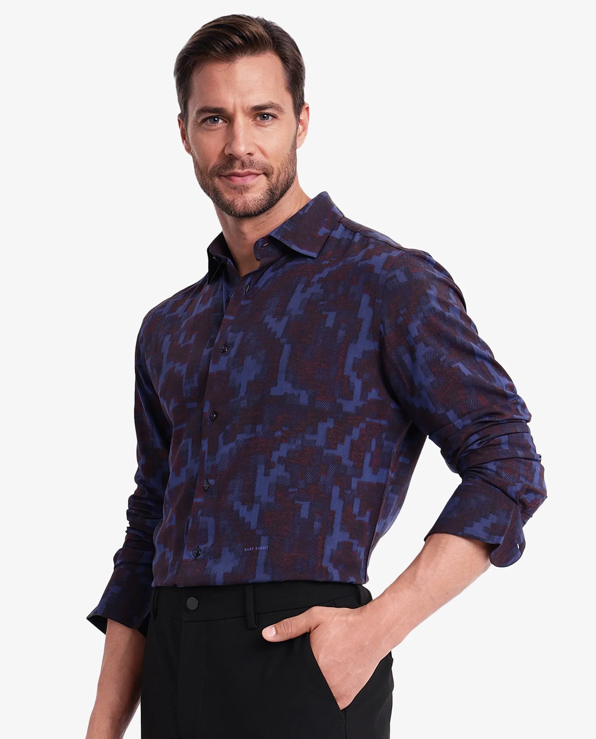 Rare Rabbit Men's Zlata Navy Cotton Abstract Print Regular Fit Full Sleeve Collared Shirt - Image 7