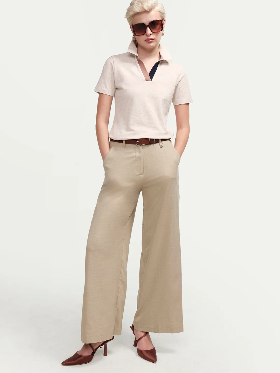 Rareism Women's Zoat Light Beige Cotton Blend Half Sleeve Regular Fit Plain Polo - Image 2