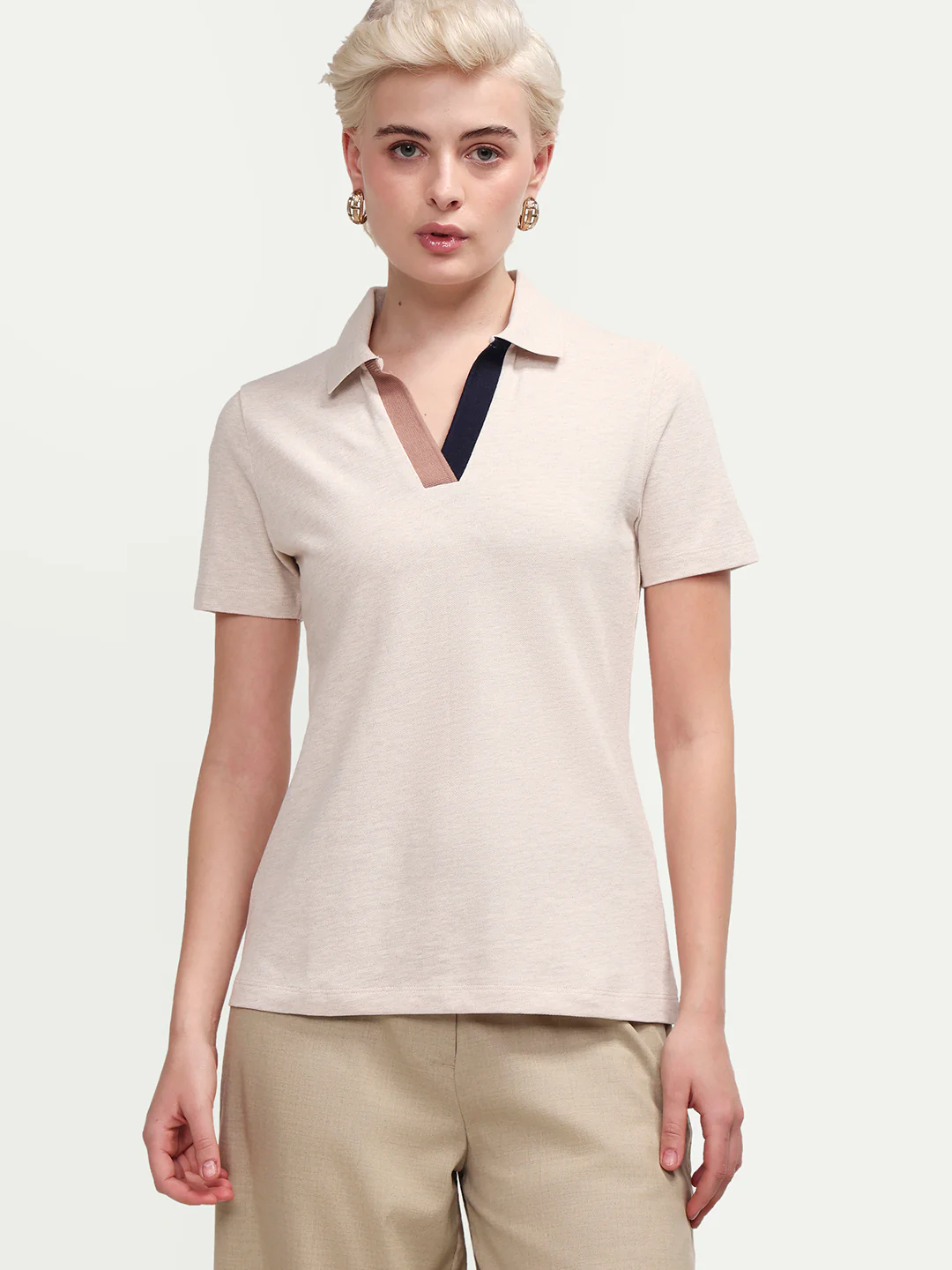 Rareism Women's Zoat Light Beige Cotton Blend Half Sleeve Regular Fit Plain Polo - Image 3
