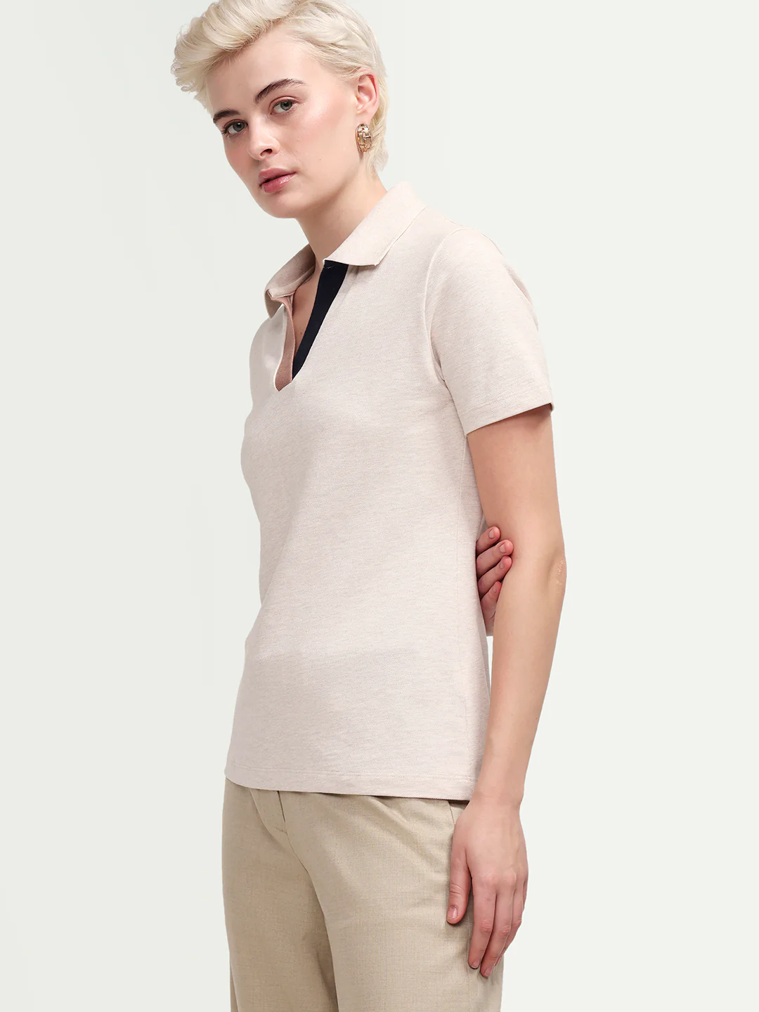 Rareism Women's Zoat Light Beige Cotton Blend Half Sleeve Regular Fit Plain Polo - Image 5