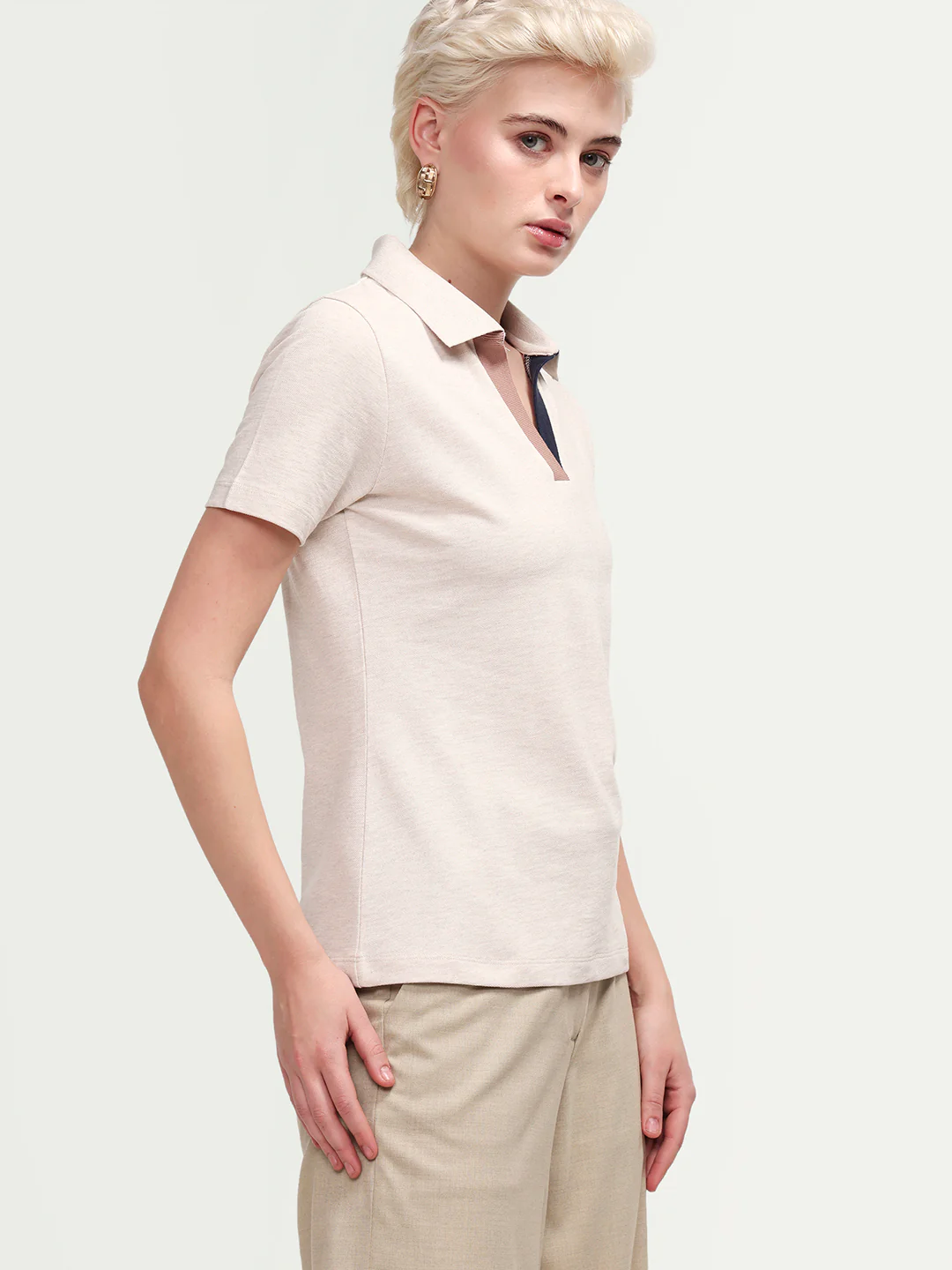 Rareism Women's Zoat Light Beige Cotton Blend Half Sleeve Regular Fit Plain Polo - Image 6