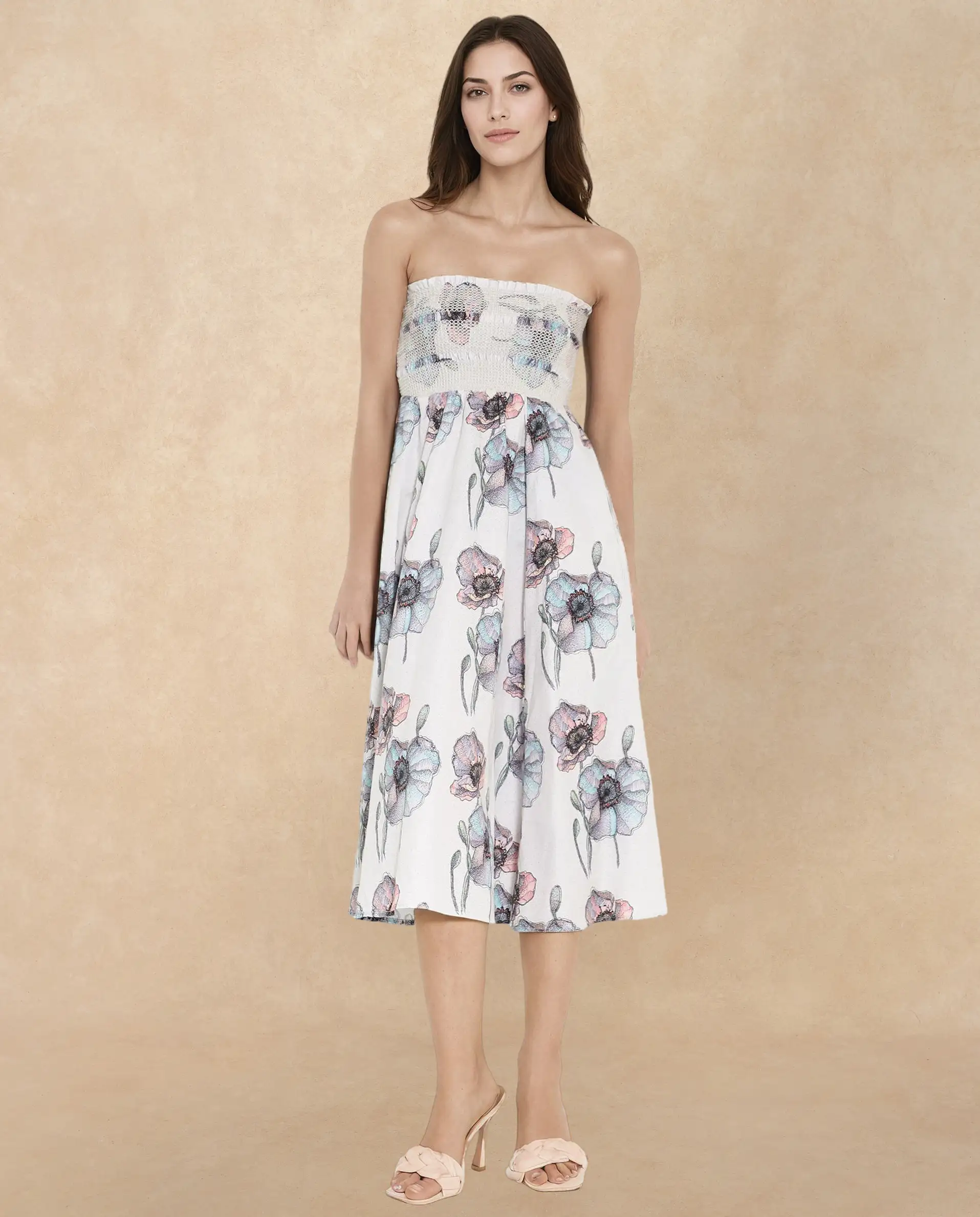 Rareism Women's Zobian Multi Cotton Tube Neck Floral Print Shoulder Strap Midi Fit And Flare Dress
