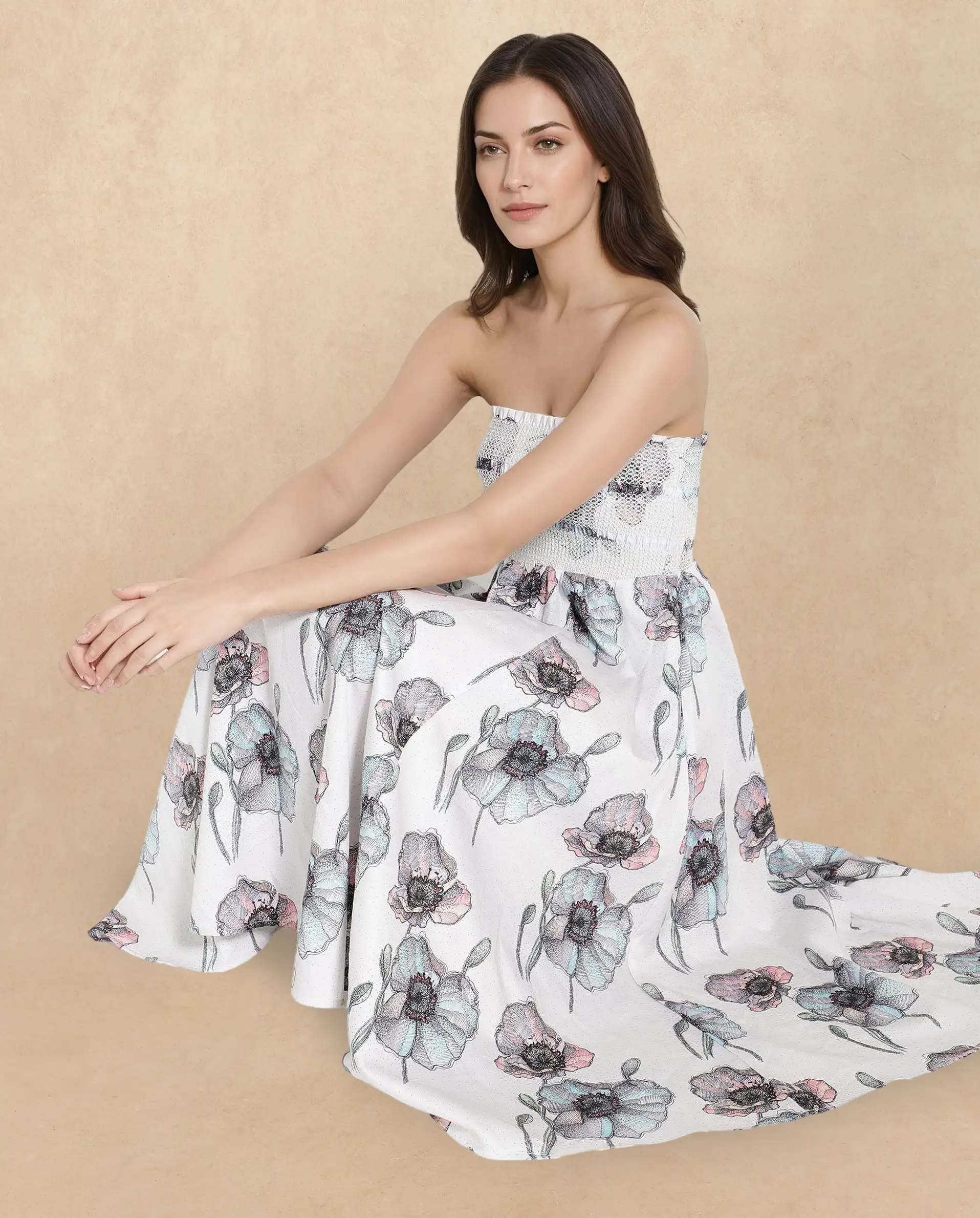 Rareism Women's Zobian Multi Cotton Tube Neck Floral Print Shoulder Strap Midi Fit And Flare Dress - Image 2