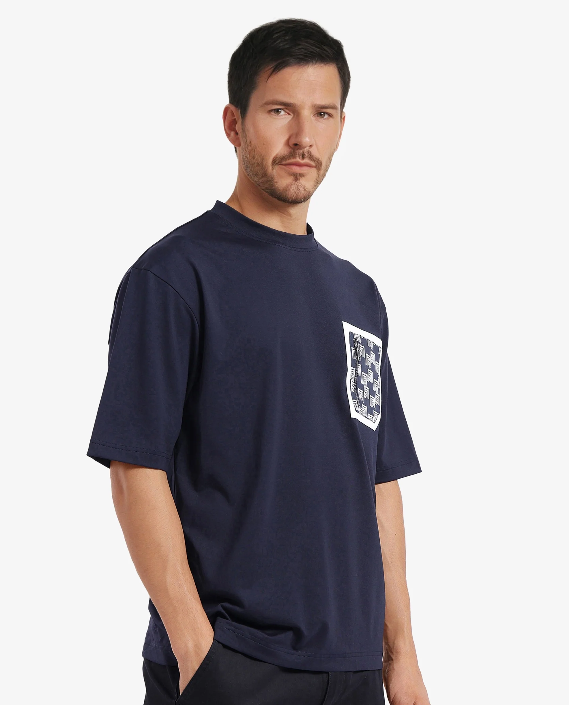 Rare Rabbit Men's Cotton Blend Monogram Print Oversized Fit Half Sleeve Crew Neck T-Shirt - Image 11