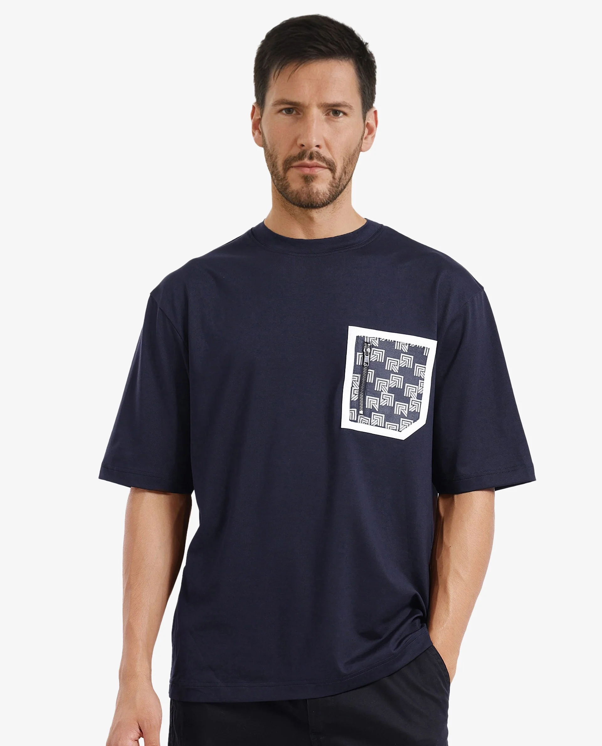 Rare Rabbit Men's Cotton Blend Monogram Print Oversized Fit Half Sleeve Crew Neck T-Shirt - Image 6