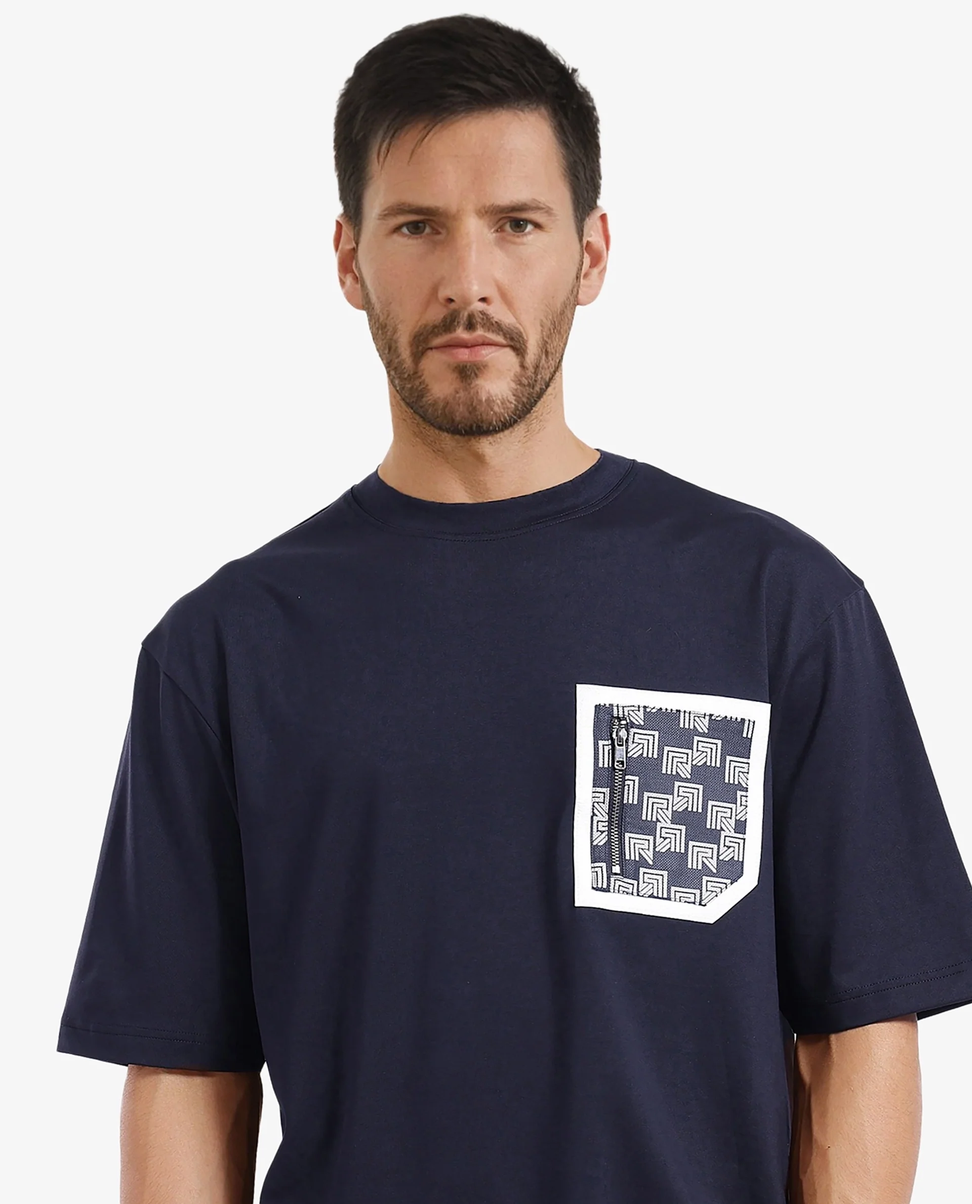 Rare Rabbit Men's Cotton Blend Monogram Print Oversized Fit Half Sleeve Crew Neck T-Shirt - Image 7