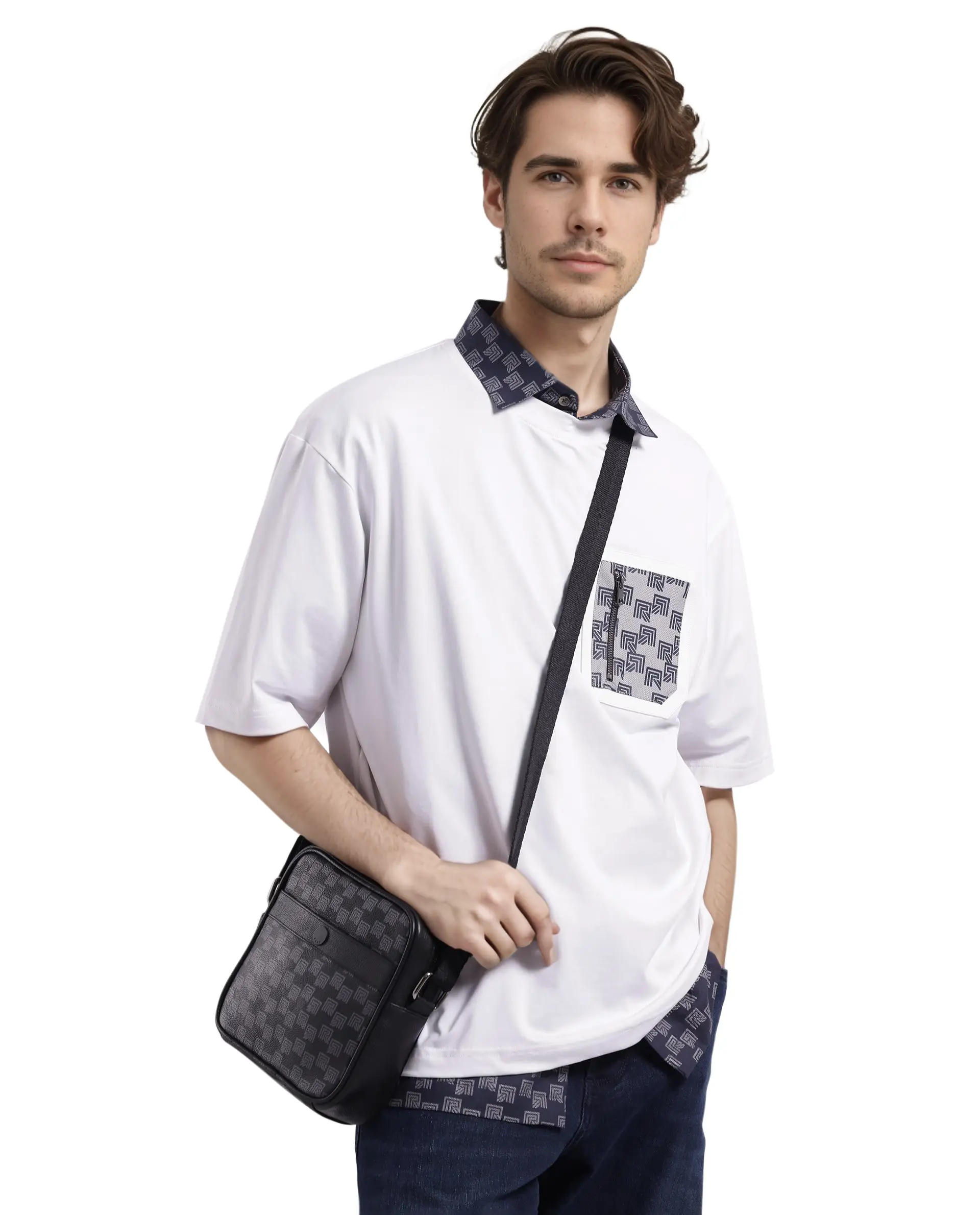 Rare Rabbit Men's Cotton Blend Monogram Print Oversized Fit Half Sleeve Crew Neck T-Shirt - Image 2