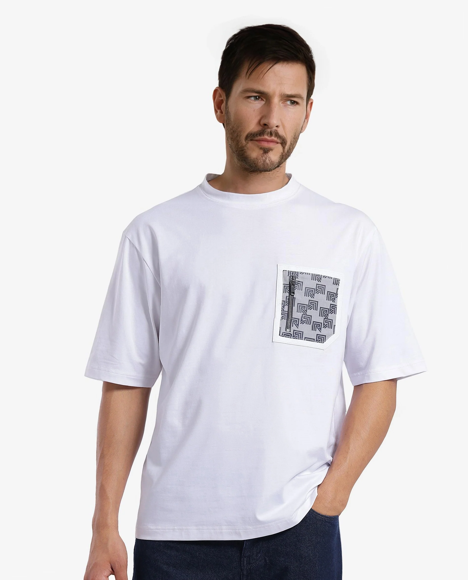 Rare Rabbit Men's Cotton Blend Monogram Print Oversized Fit Half Sleeve Crew Neck T-Shirt - Image 4