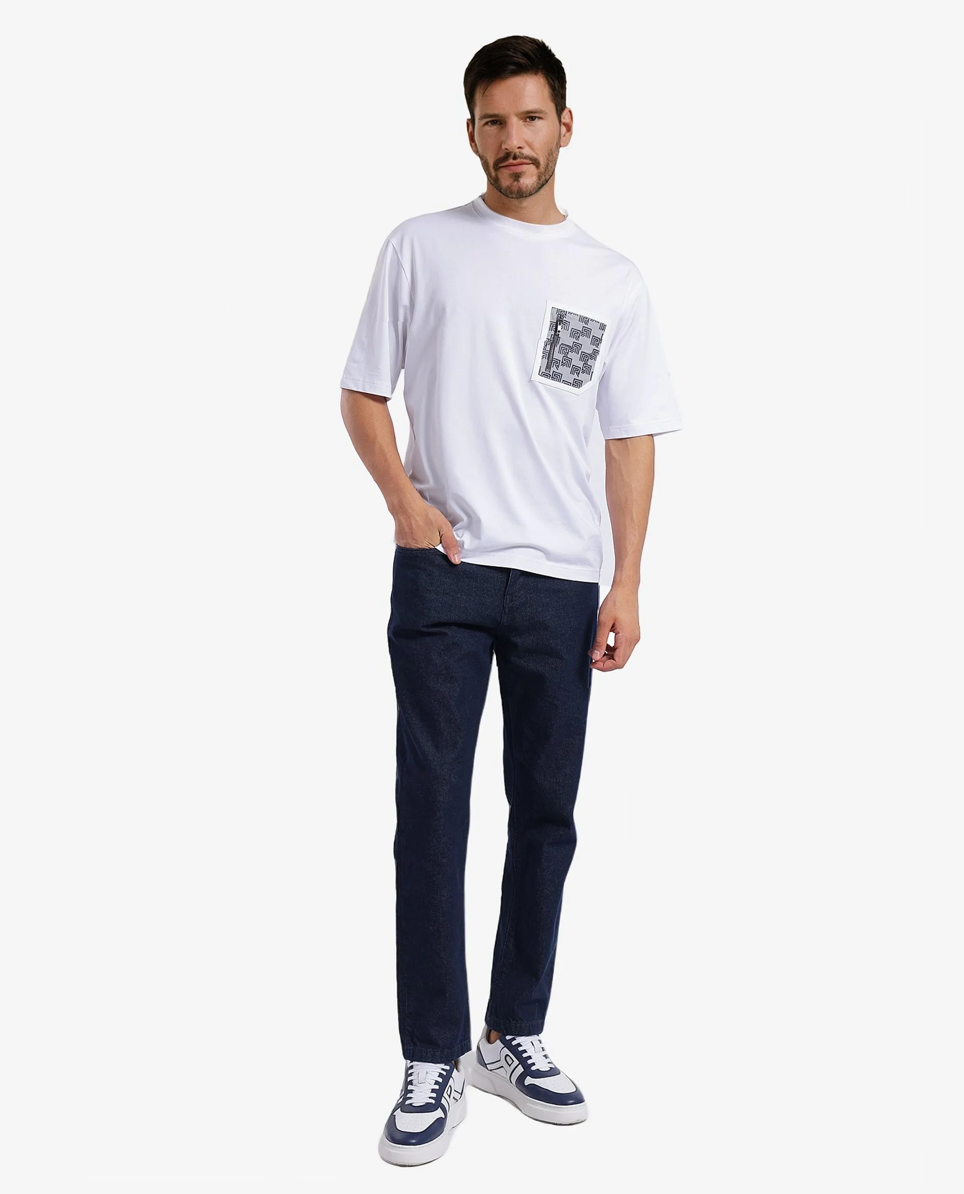 Rare Rabbit Men's Cotton Blend Monogram Print Oversized Fit Half Sleeve Crew Neck T-Shirt - Image 6